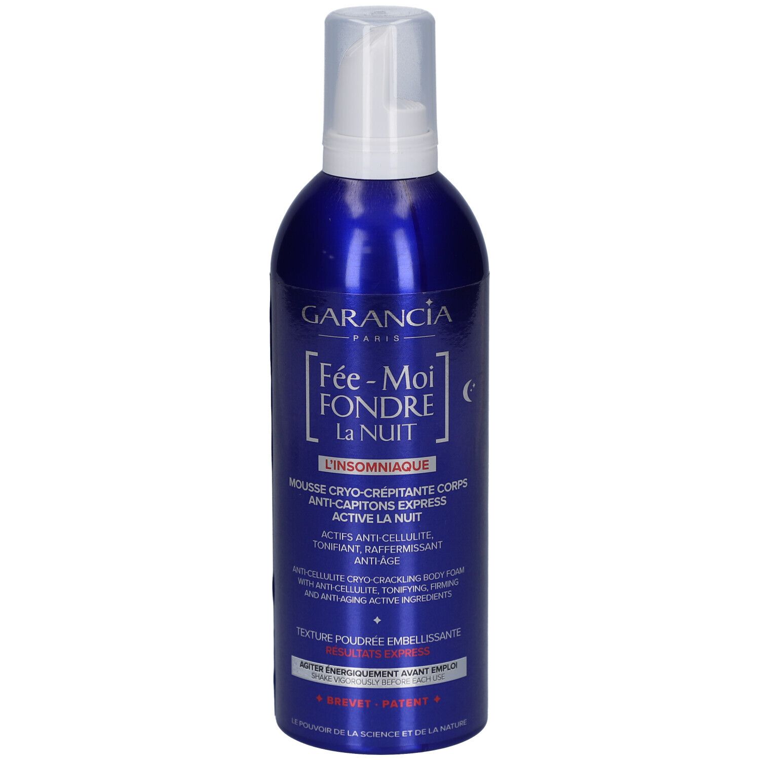 Blaue Flasche mit weißem Sprühkopf. Aufschrift: GARANCIA, Fée-Moi Fondre La Nuit L'Insomniaque. Produktname und Beschreibung.