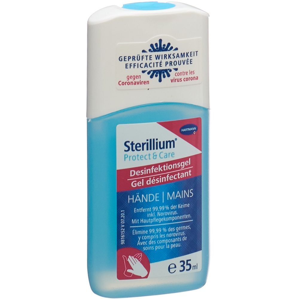 Flacon bleu et blanc avec étiquette "STERILLIUM® Protect & Care". Texte : "Gel désinfectant", "HÄNDE | MAINS". Contient 35ml.