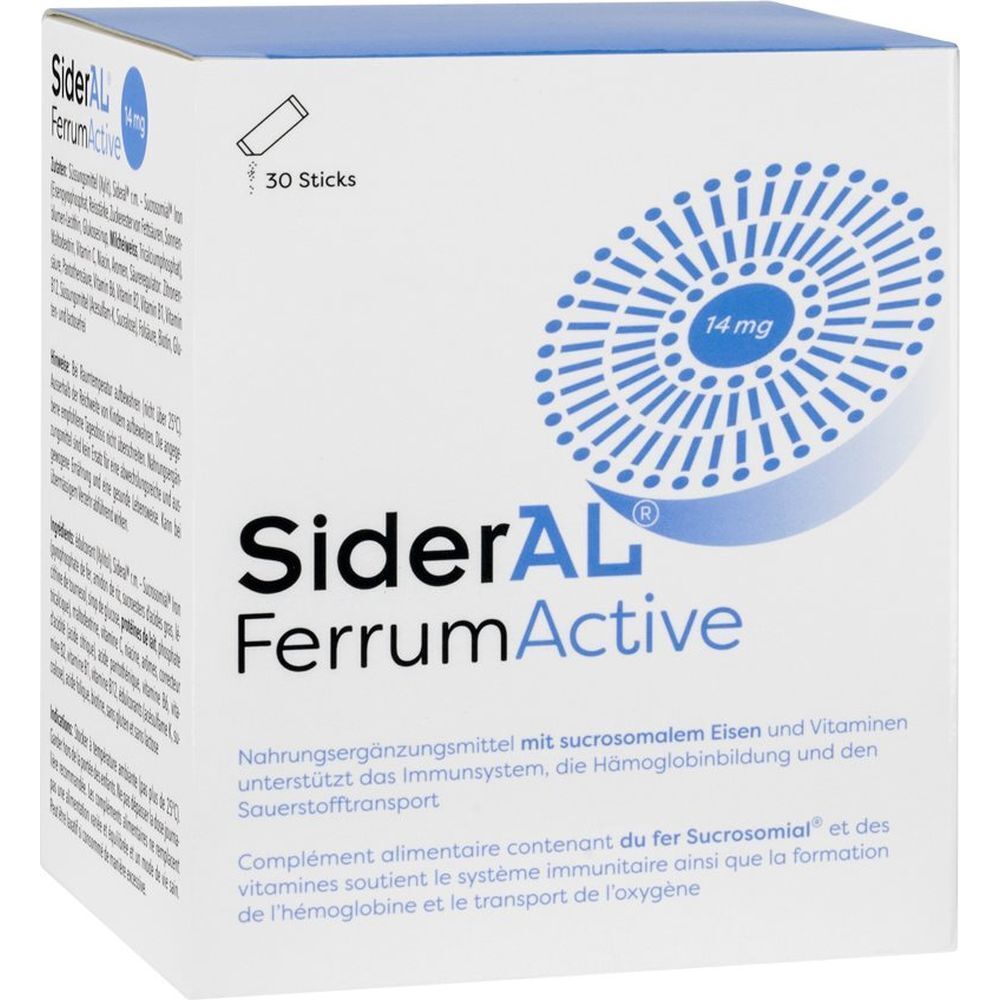 Karton SiderAL Ferrum Active mit 30 Sticks. Blaue und weiße Verpackung mit Produktnamen und 14 mg Angabe.