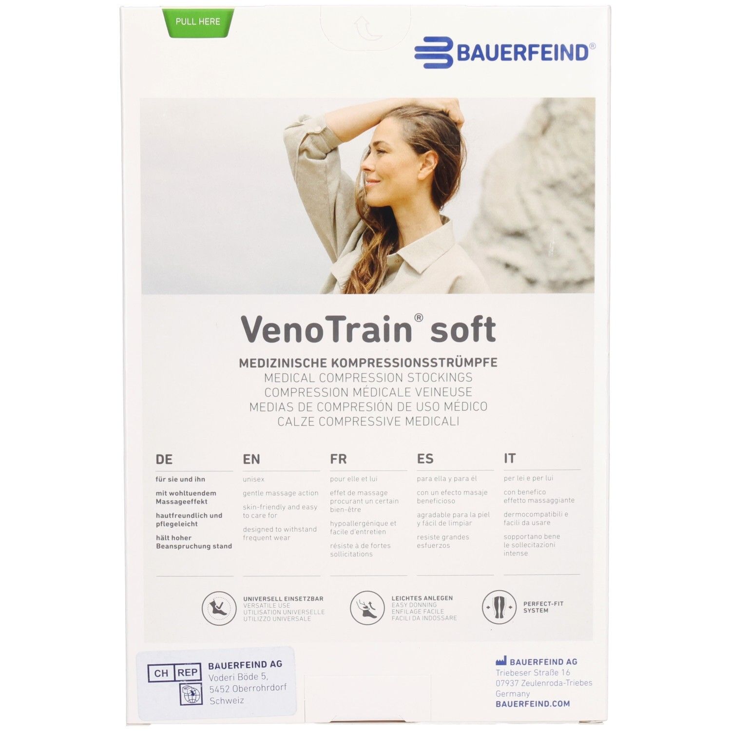 Bauerfeind VenoTrain soft medizinische Kompressionsstrümpfe Verpackung mit Frau im Profil.