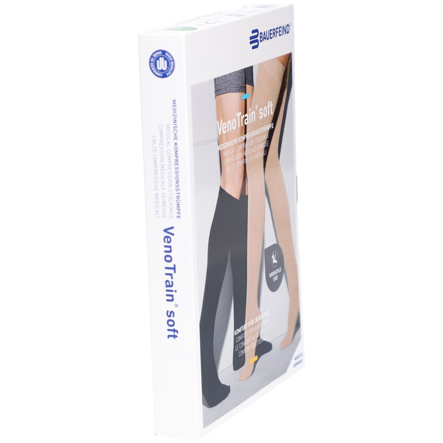 Verpackung mit Kompressionsstrümpfen. Aufdruck: VenoTrain soft, medizinische Kompressionsstrümpfe. Logo Bauerfeind. Ansicht schräg von links.