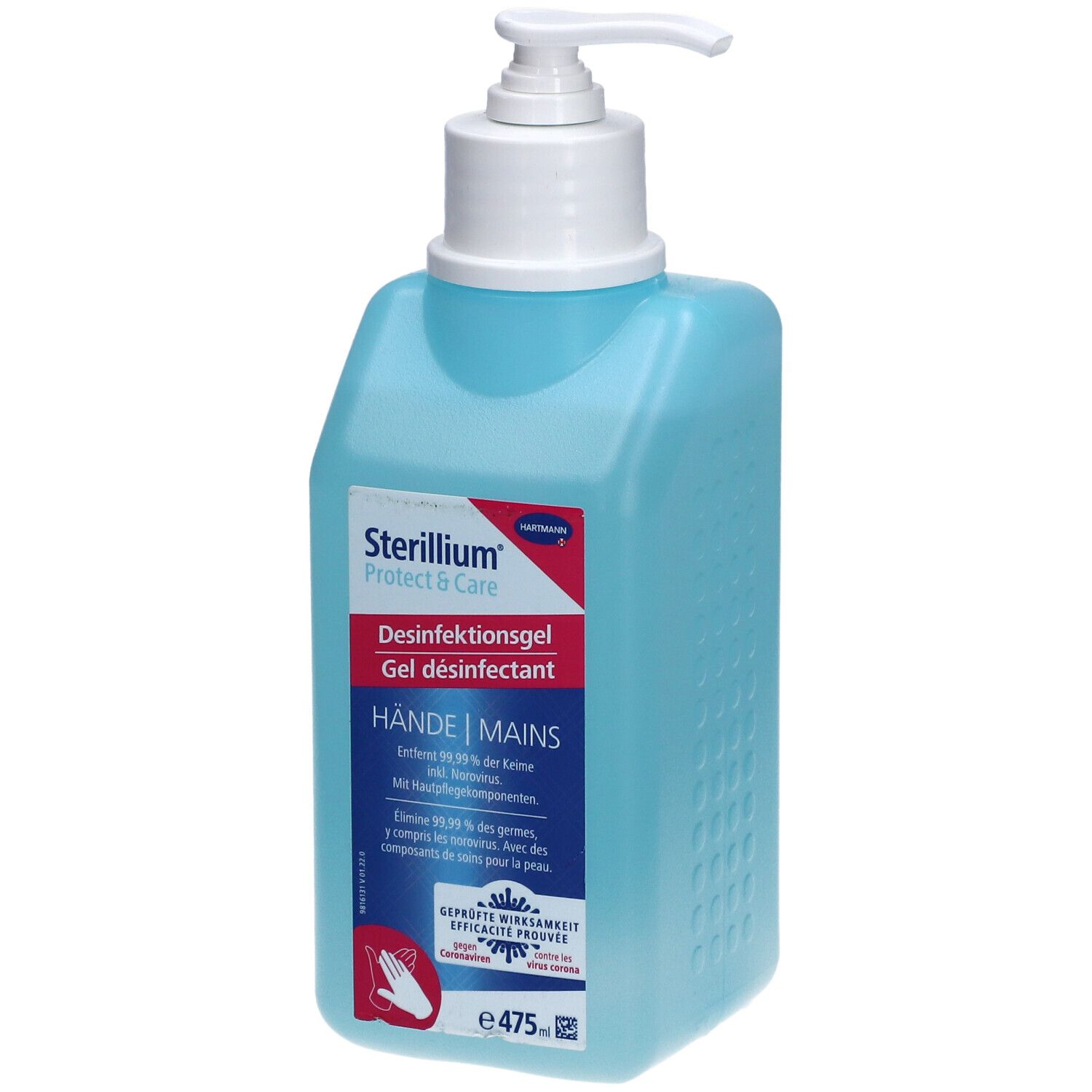 Gel désinfectant bleu avec pompe blanche. Inscription: STERILLIUM Protect & Care, HÄNDE | MAINS.
