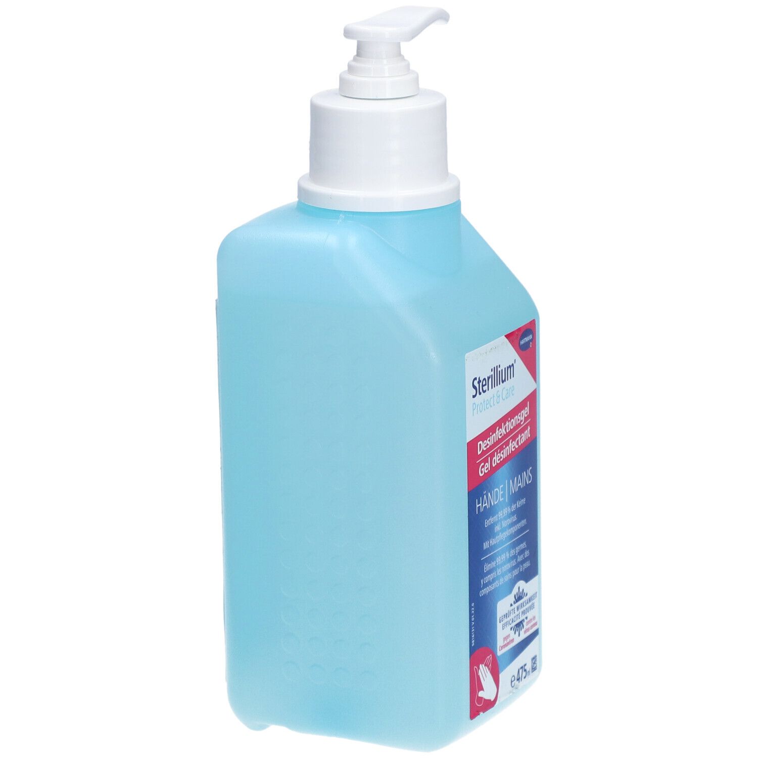 Gel désinfectant bleu avec pompe blanche, vue latérale. Inscription: STERILLIUM Protect & Care, HÄNDE | MAINS.
