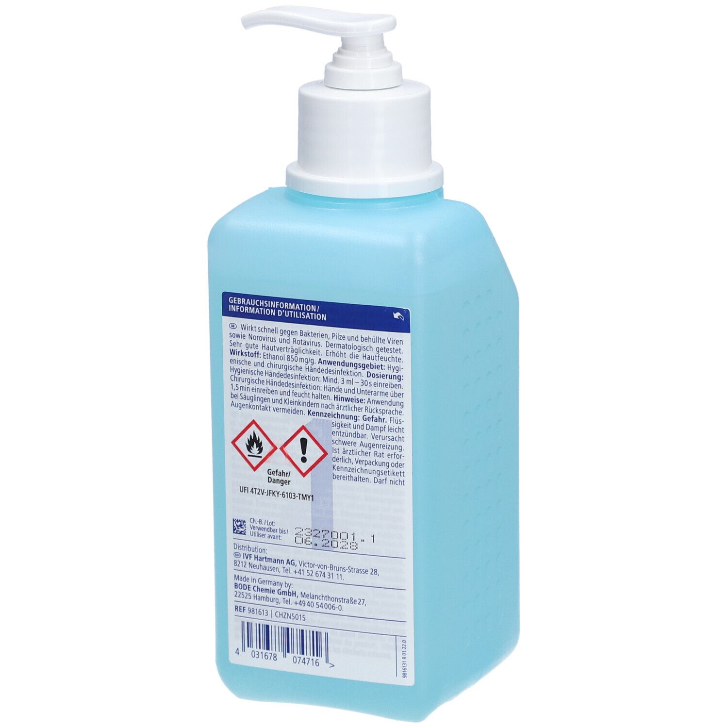 Dos d'une bouteille de gel désinfectant bleu avec pompe blanche. Informations textuelles et avertissements.