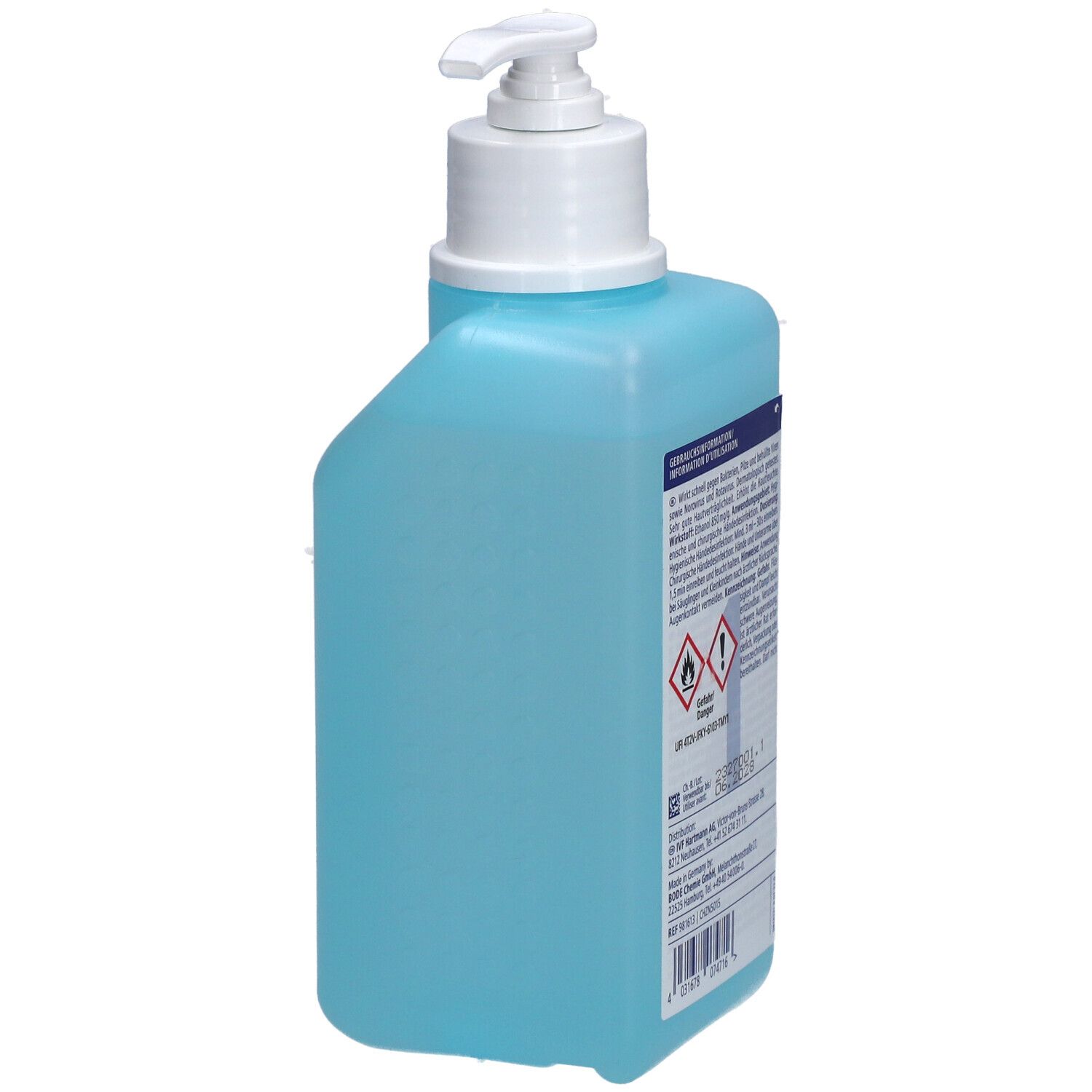 Vue latérale d'une bouteille de gel désinfectant bleu avec pompe blanche. Informations textuelles et avertissements.