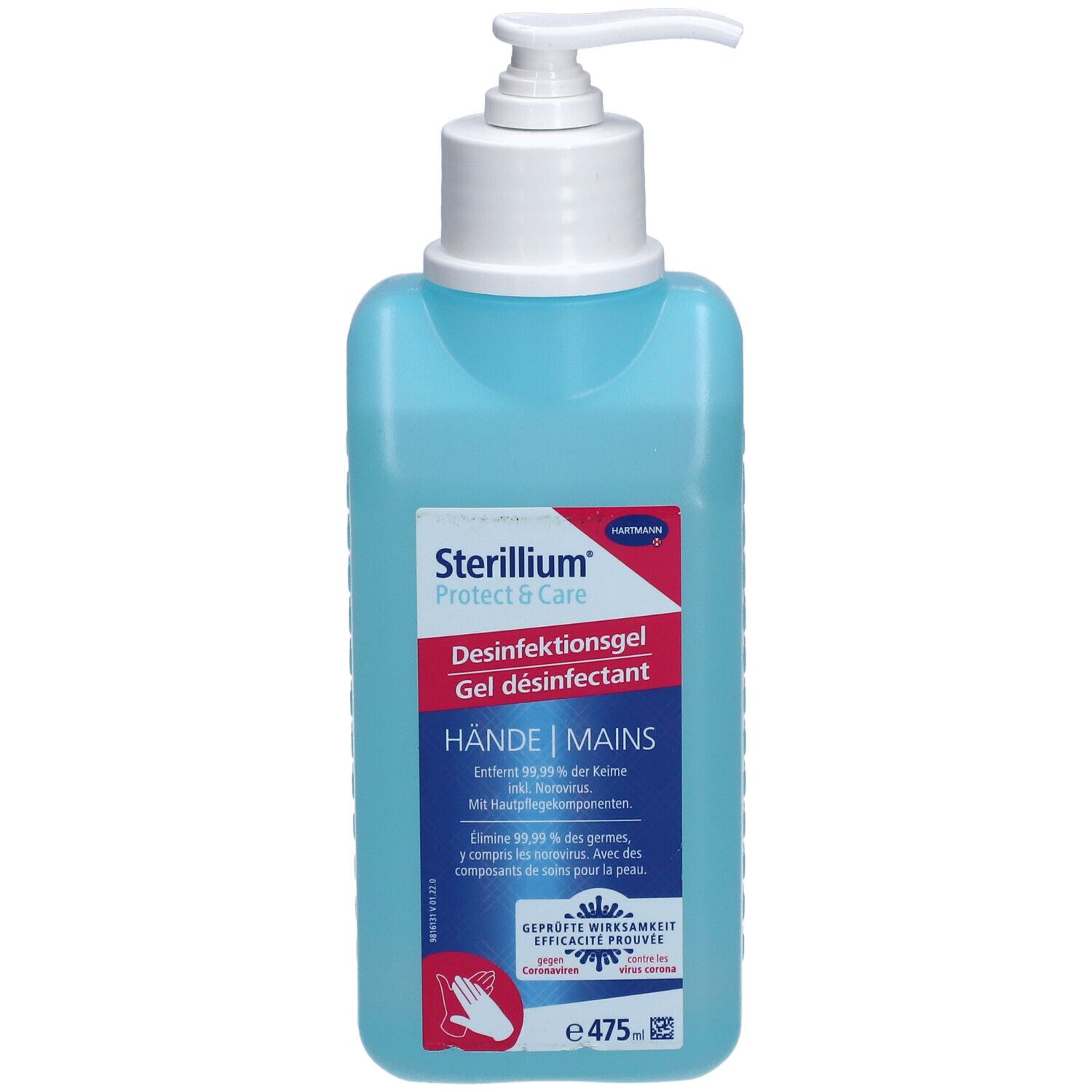 Gel désinfectant bleu avec pompe blanche. Inscription: STERILLIUM Protect & Care, HÄNDE | MAINS.