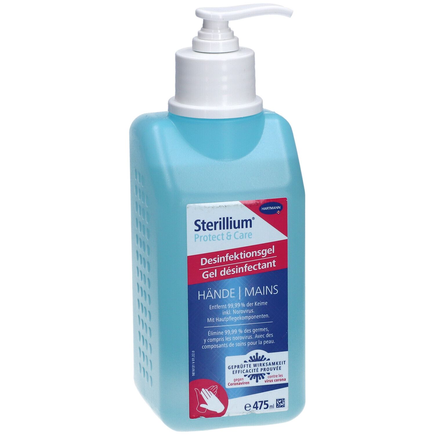 Gel désinfectant bleu avec pompe blanche. Inscription: STERILLIUM Protect & Care, HÄNDE | MAINS.