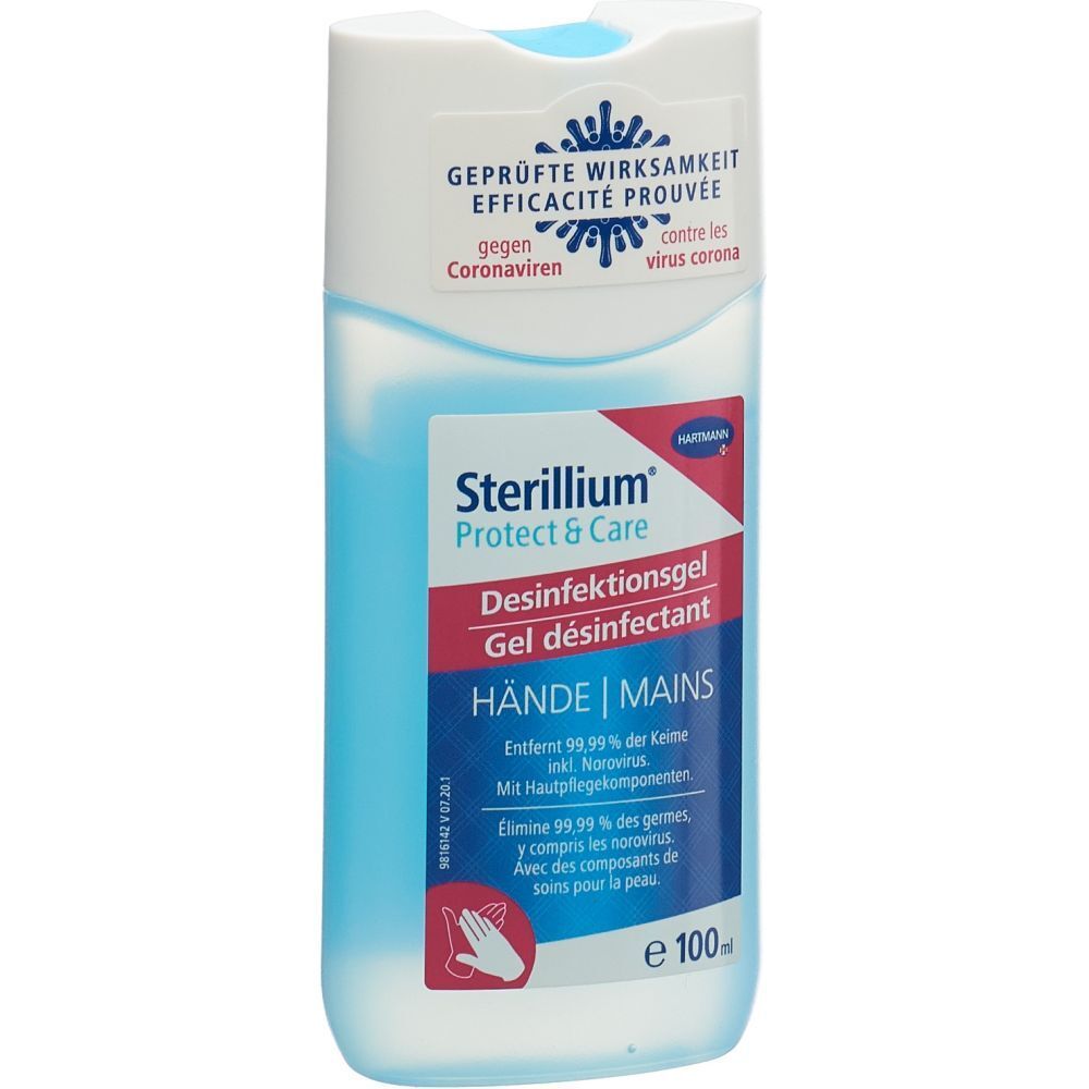 Gel bleu dans un flacon blanc avec bouchon bleu. Inscription : STERILLIUM Protect & Care Gel désinfectant. Contre les coronavirus.
