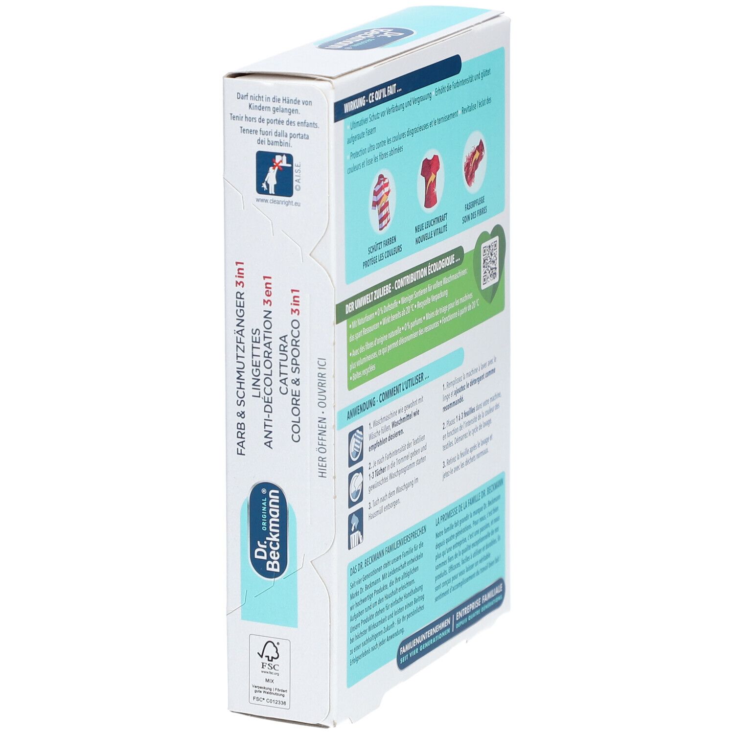 Vue en biais de la boîte de lingettes anti-décoloration Dr. Beckmann. Texte en allemand, français, italien et néerlandais. Instructions d'utilisation.