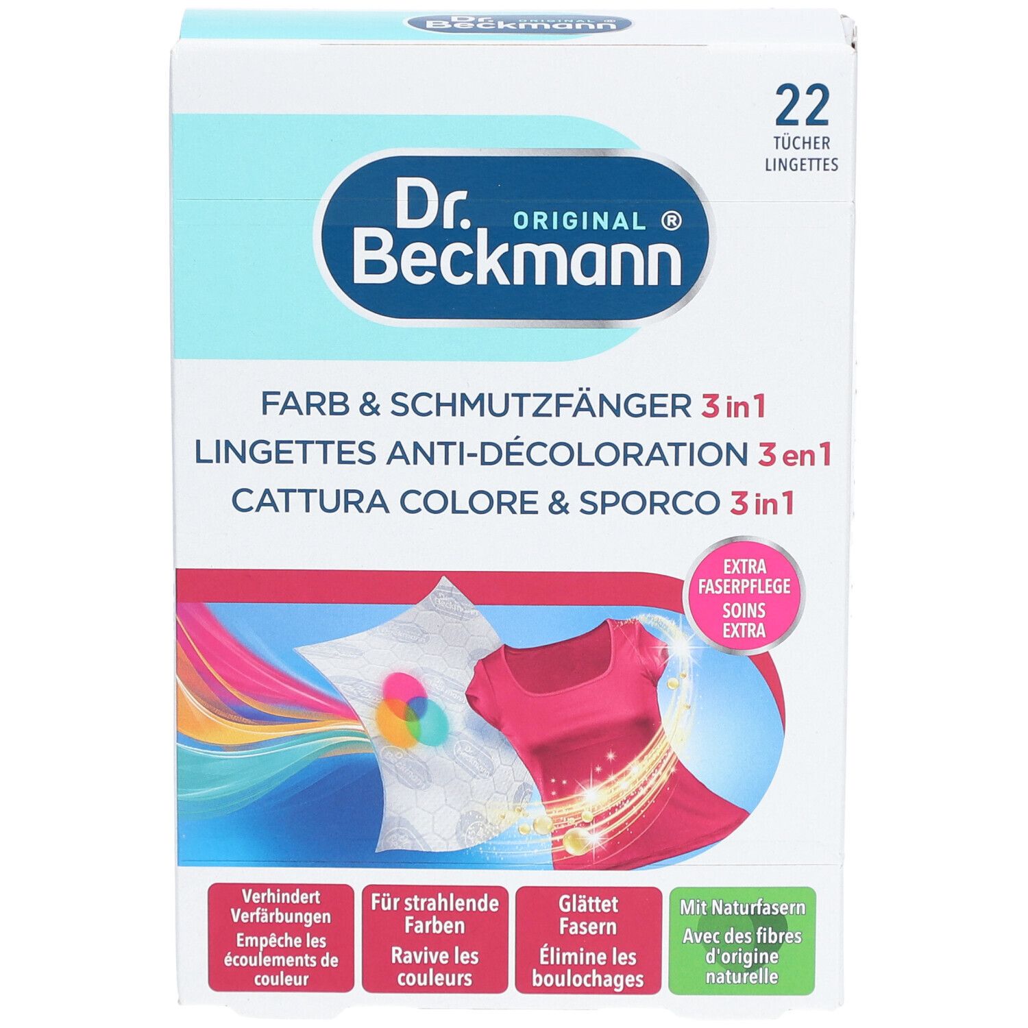 Boîte de lingettes anti-décoloration Dr. Beckmann. 22 lingettes. Texte en allemand, français, italien et néerlandais. Illustrations.