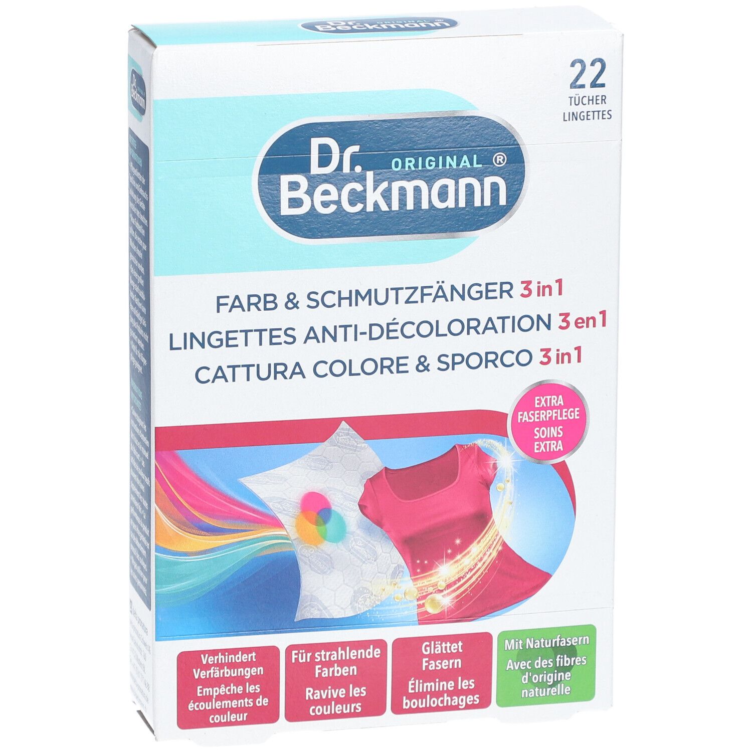 Boîte de lingettes anti-décoloration Dr. Beckmann. 22 lingettes. Texte en allemand, français, italien et néerlandais. Illustrations.