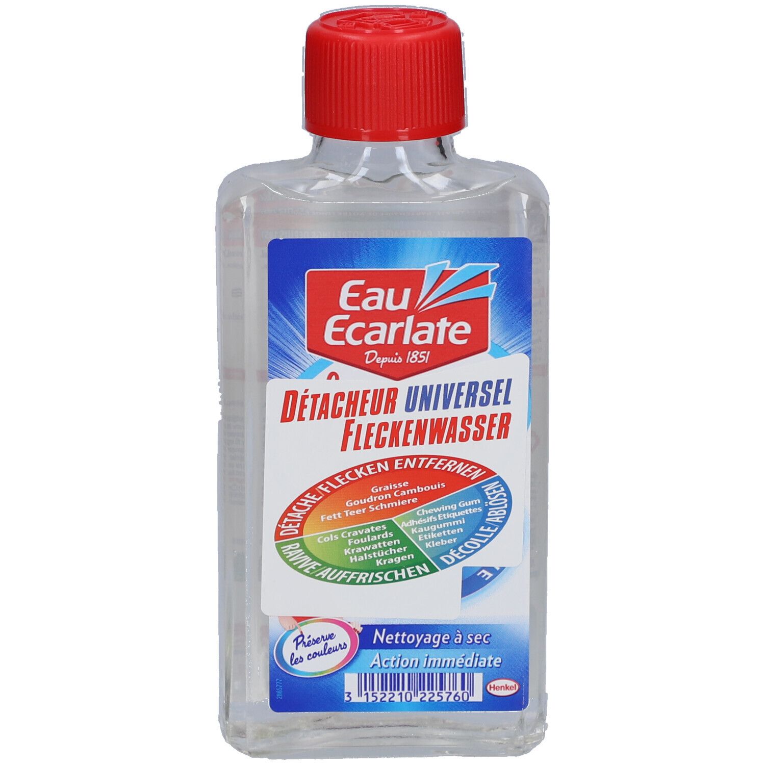 Flacon transparent avec bouchon rouge. Étiquette avec nom du produit et logos. Texte en allemand et français.