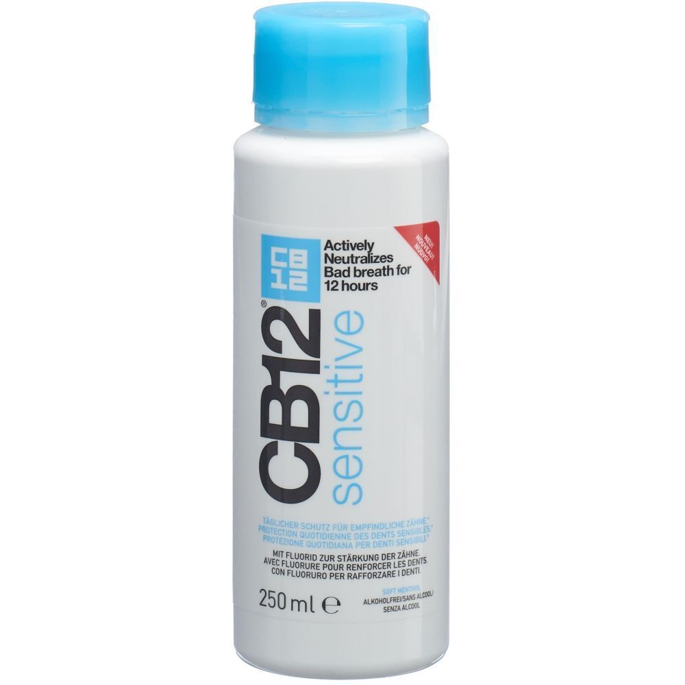Flacon blanc avec bouchon bleu. Inscription: CB12 sensitive. Contient du fluorure. Neutralise la mauvaise haleine pendant 12 heures.
