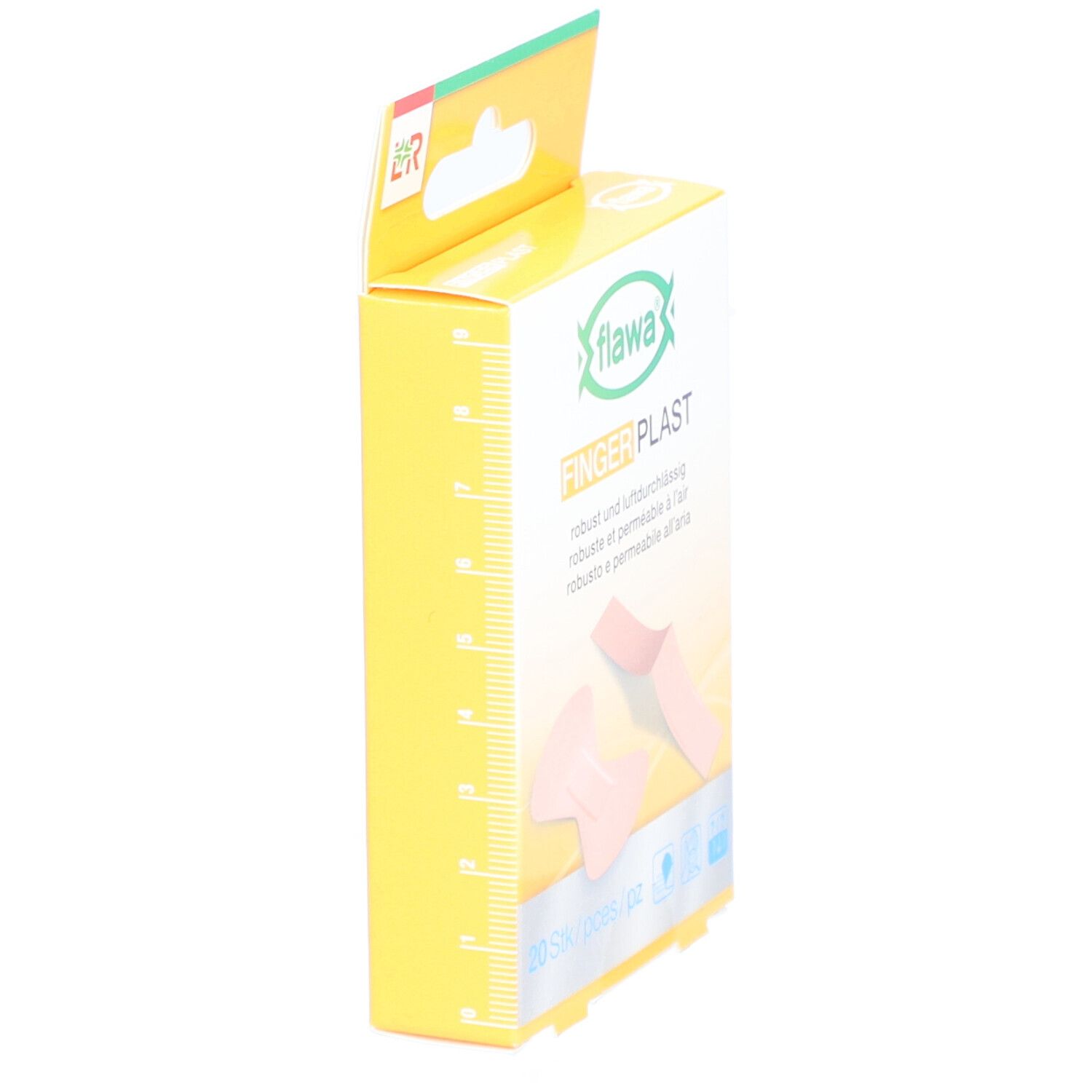 Gele verpakking van FLAWA Finger Plast. Zijaanzicht. Productafbeelding met tekst en productillustratie.