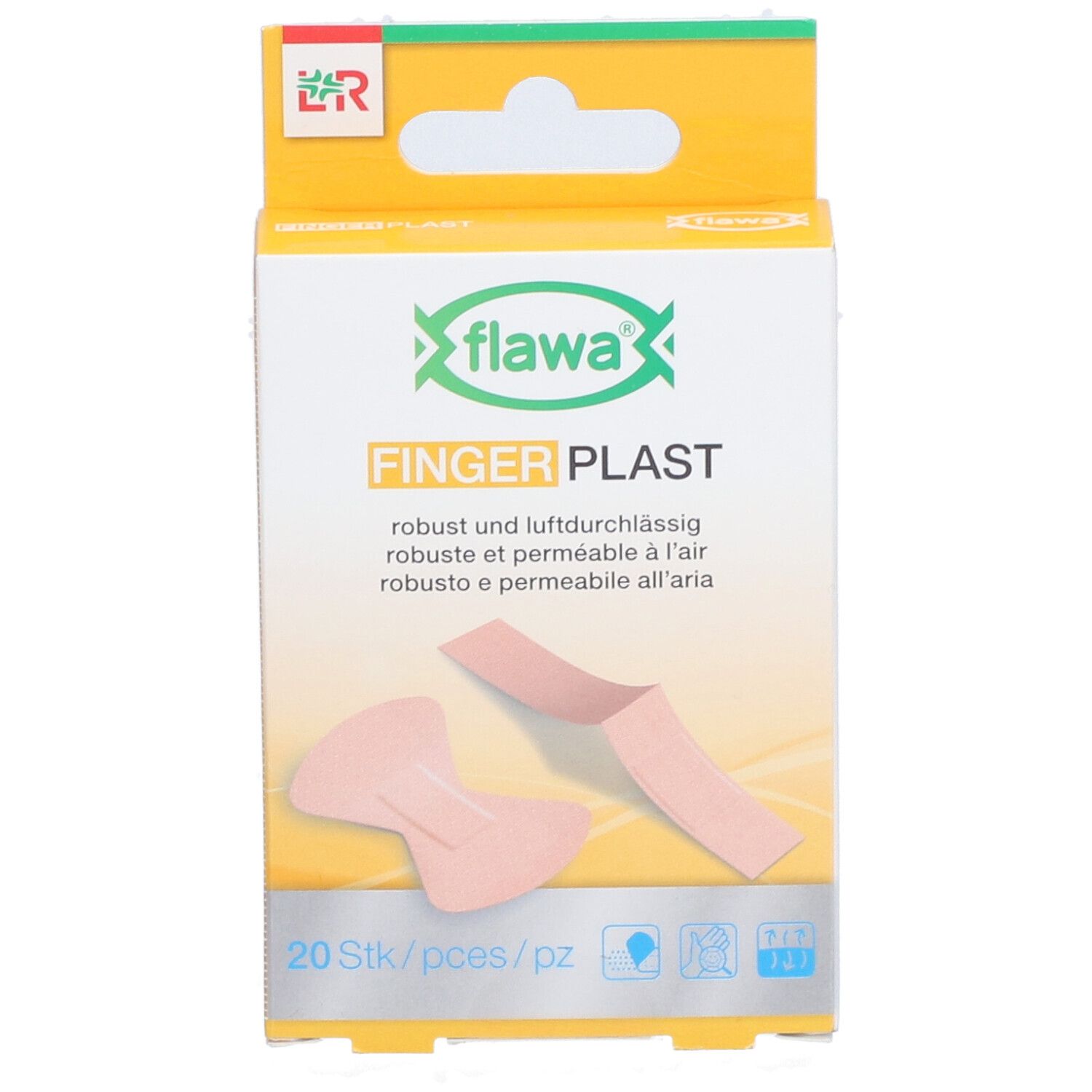 Verpakking van FLAWA Finger Plast. 20 stuks. Textiel vingerverband. Productafbeelding met tekst.