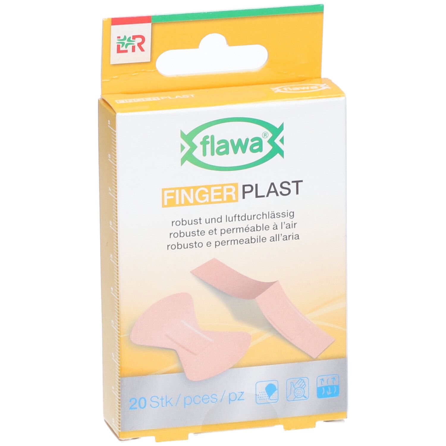 Verpakking van FLAWA Finger Plast. 20 stuks. Textiel vingerverband. Productafbeelding met tekst.