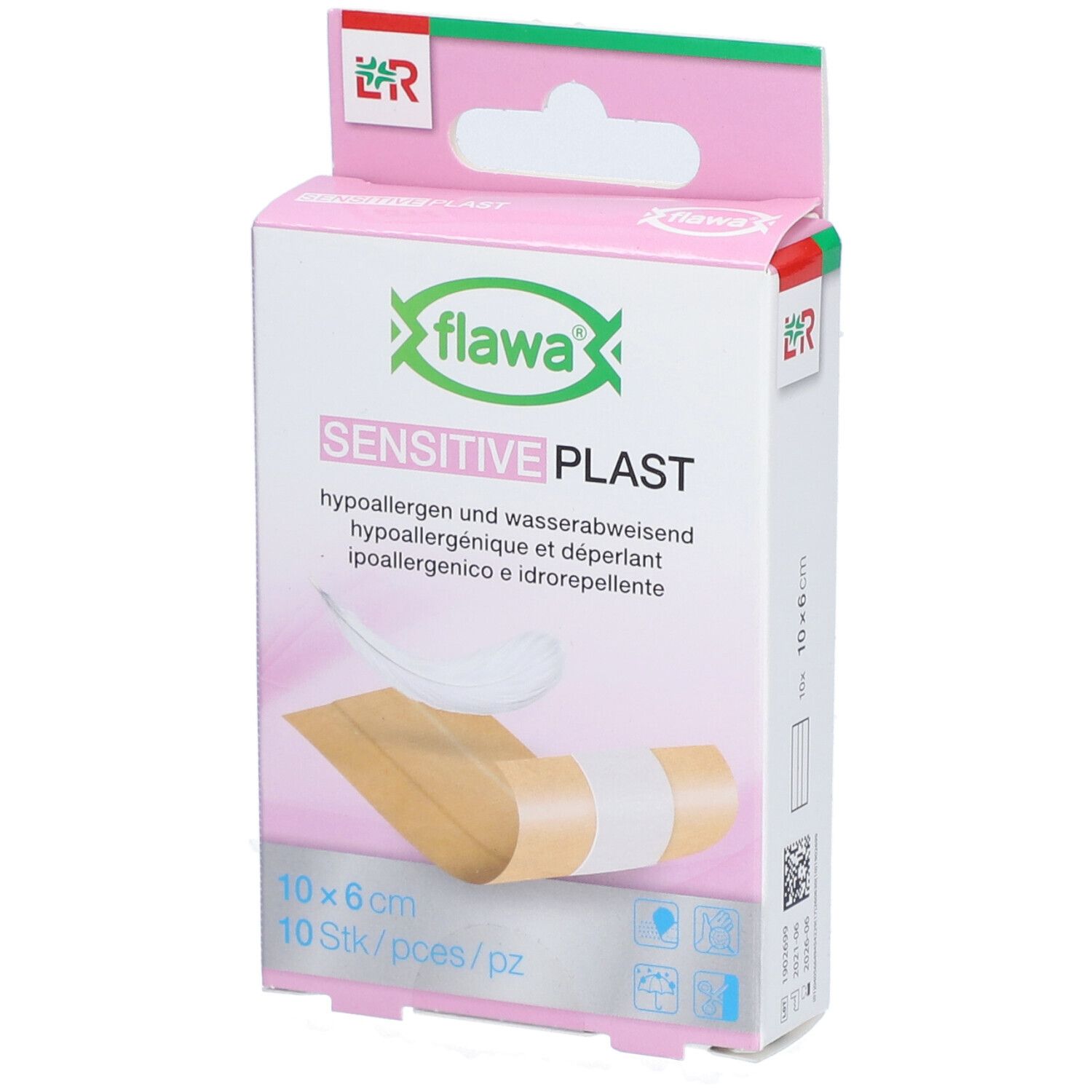 Boîte de flawa® Sensitive Plast. Boîte rose et blanche avec image du produit et texte. Dimensions : 10 x 6 cm.