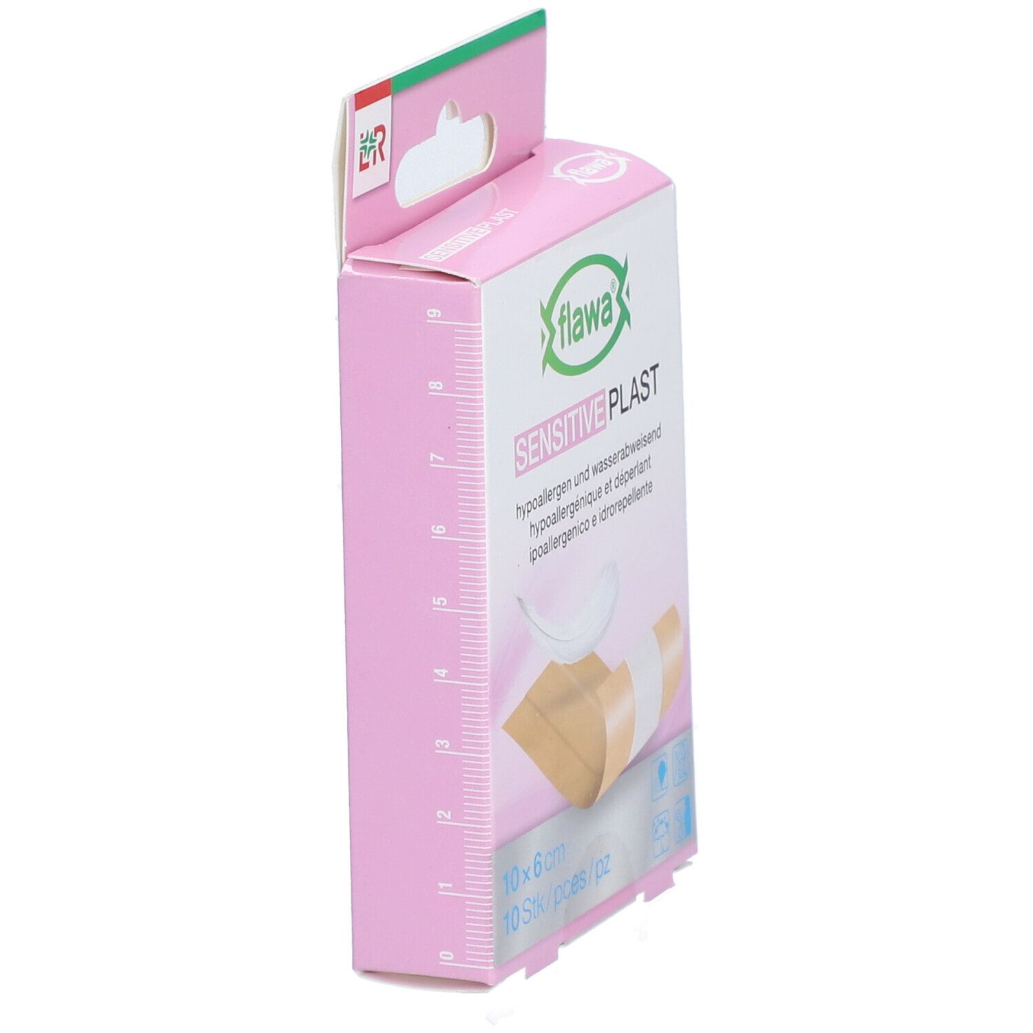 Vue latérale de l'emballage flawa® Sensitive Plast. Boîte rose avec mesures et logo du produit. Dimensions : 10 x 6 cm.