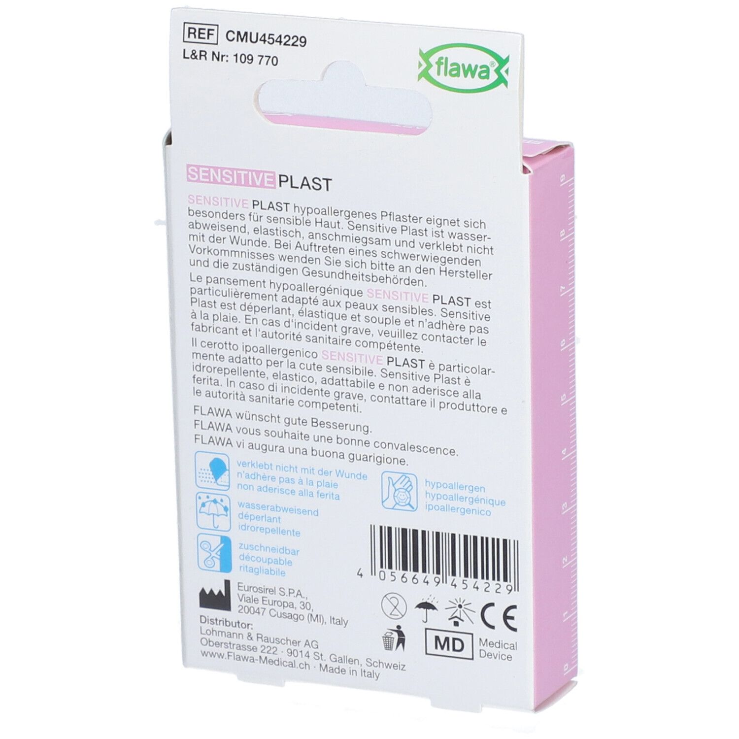 Dos de l'emballage flawa® Sensitive Plast. Informations textuelles et logos sur fond rose. Contient des informations sur le produit.