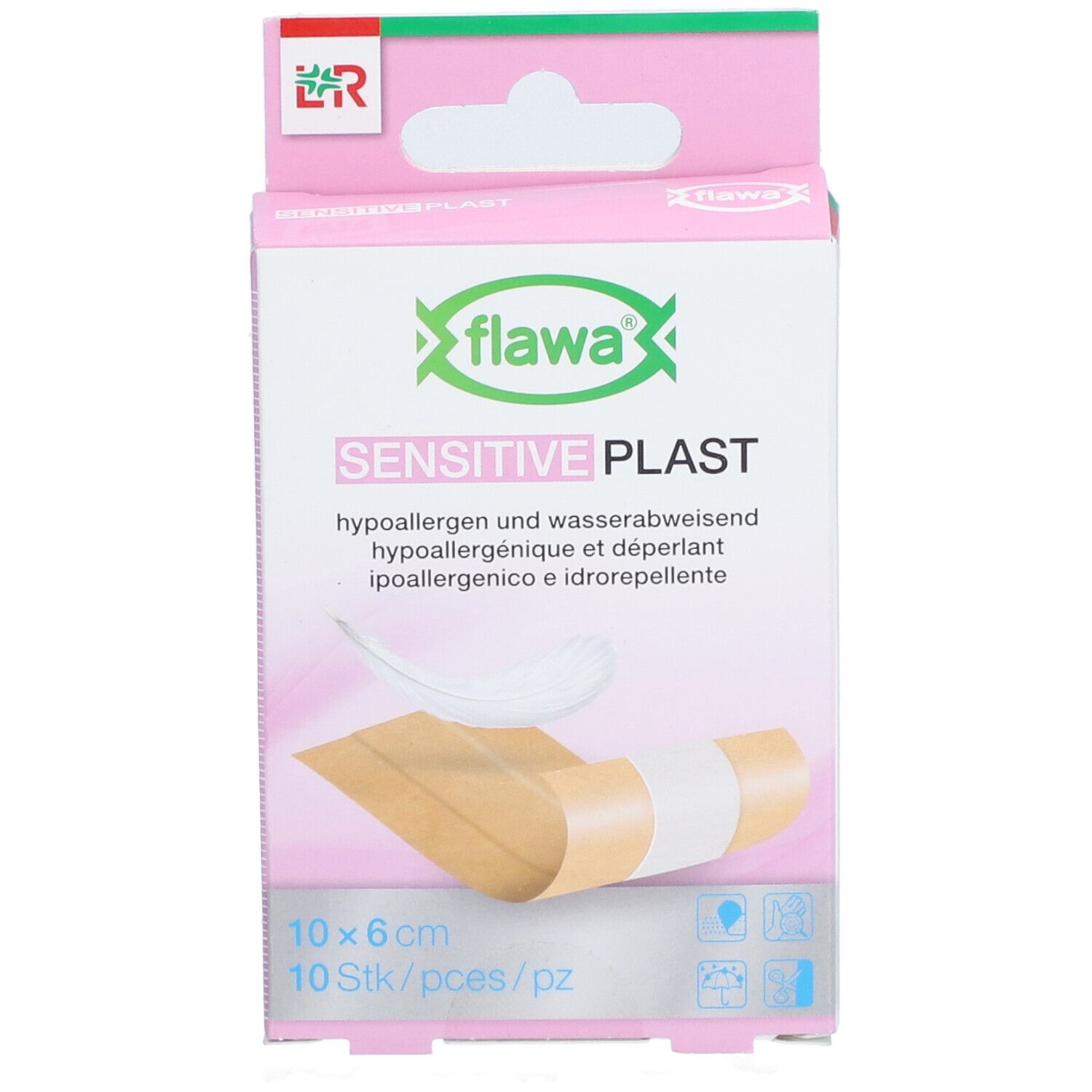 Vue de face de l'emballage flawa® Sensitive Plast. Boîte rose et blanche avec image du produit et texte. Dimensions : 10 x 6 cm.