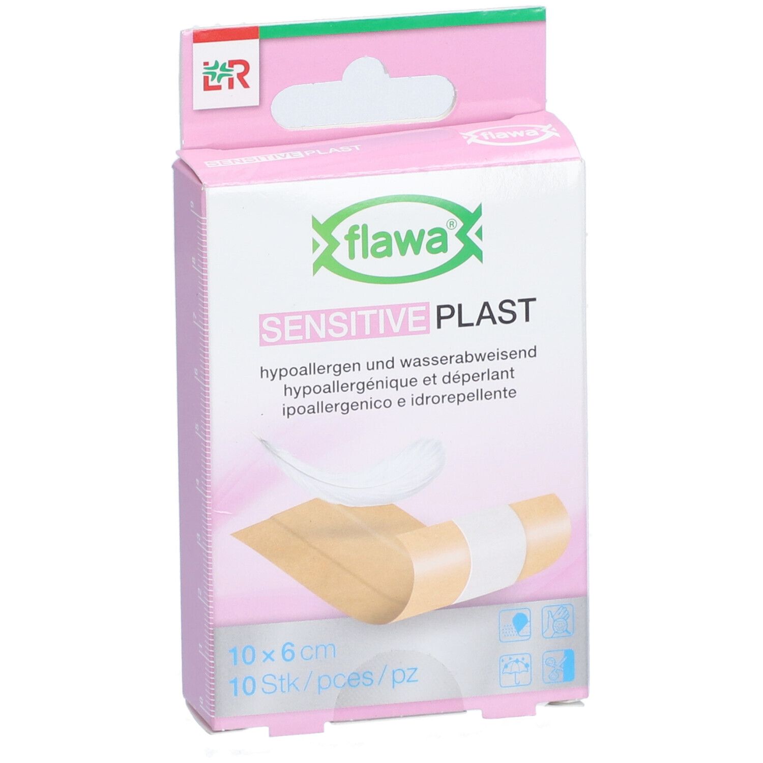 Vue de face de l'emballage flawa® Sensitive Plast. Boîte rose et blanche avec image du produit et texte. Dimensions : 10 x 6 cm.