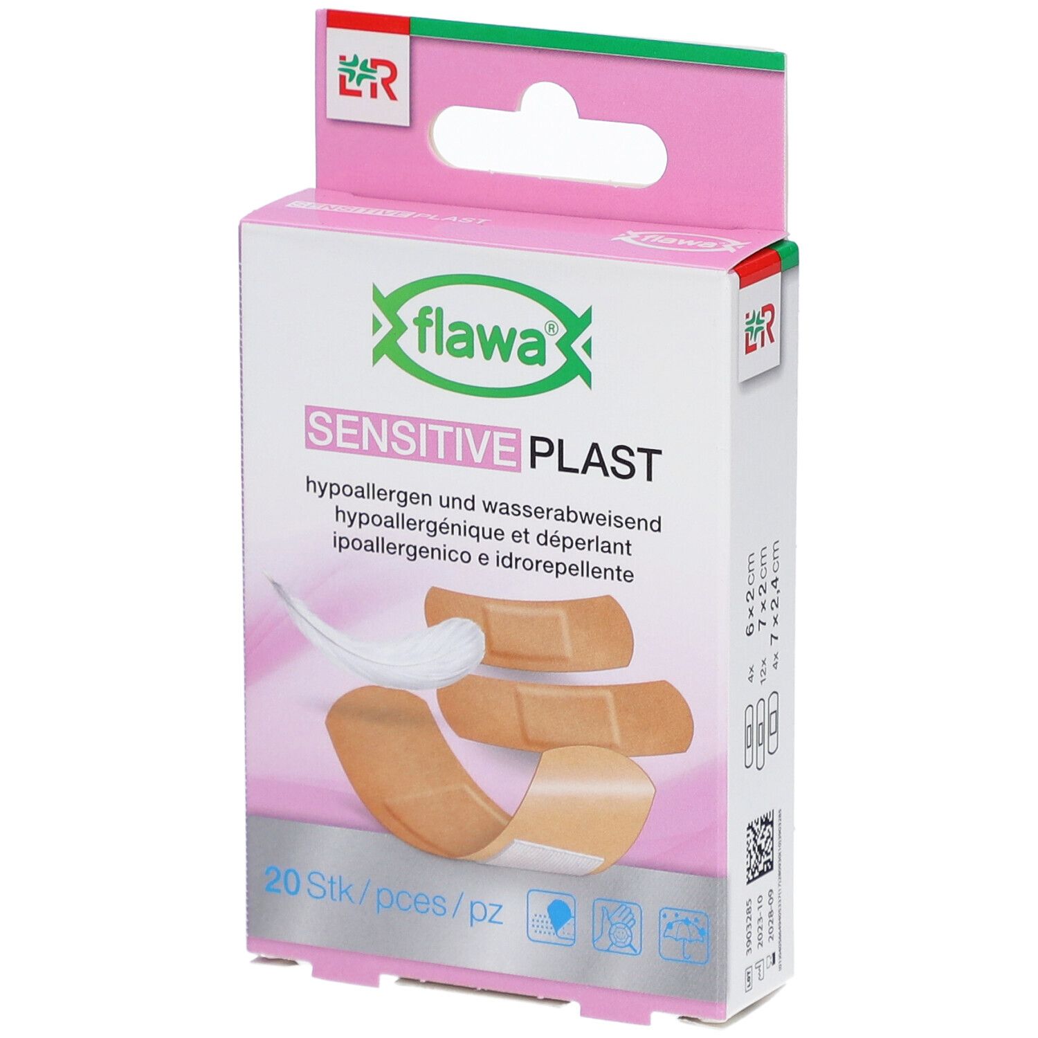Boîte rose de pansements adhésifs. Inscription : flawa SENSITIVE PLAST. 20 pièces. Illustration de pansements.
