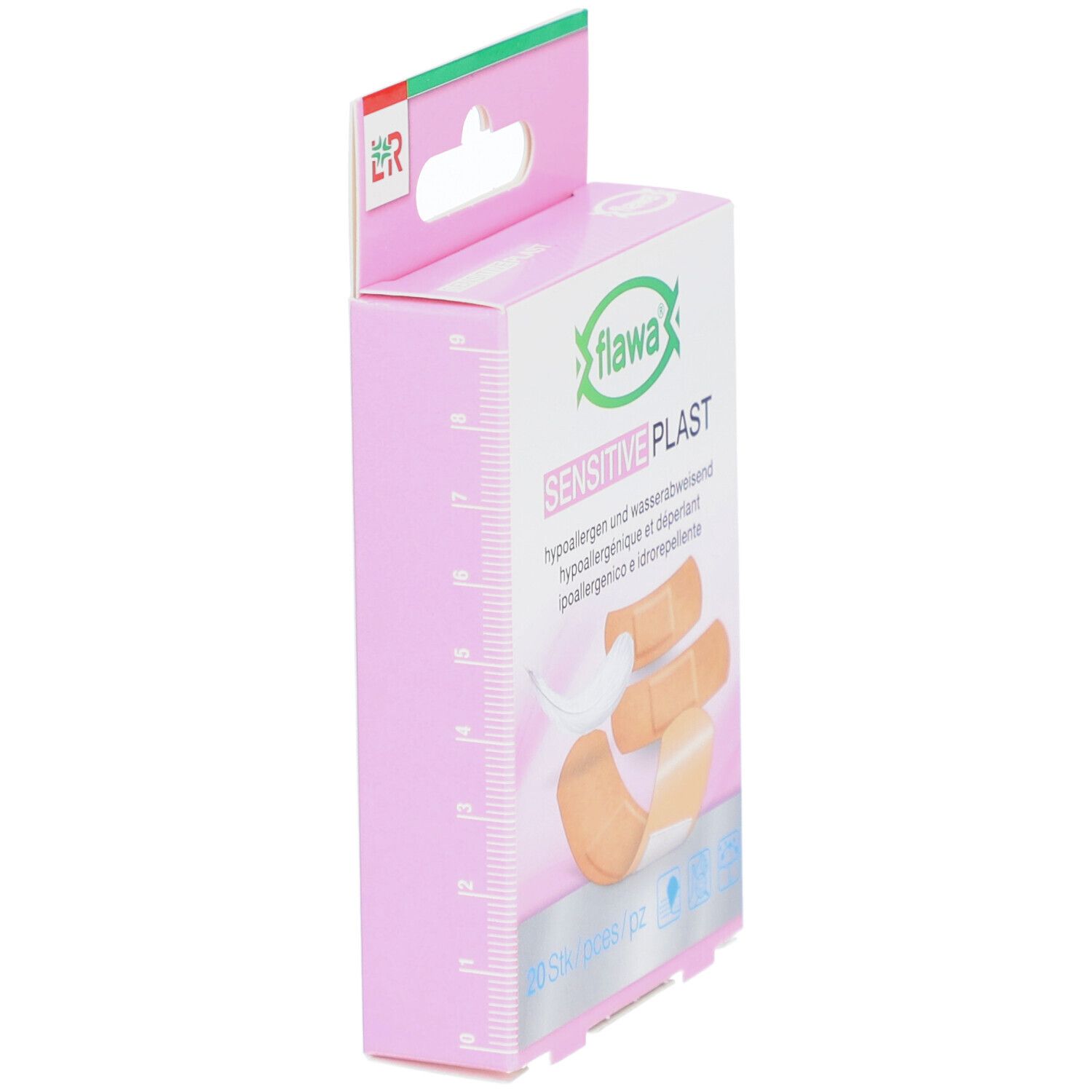 Boîte rose de pansements adhésifs. Inscription : flawa SENSITIVE PLAST. Vue latérale avec dimensions.