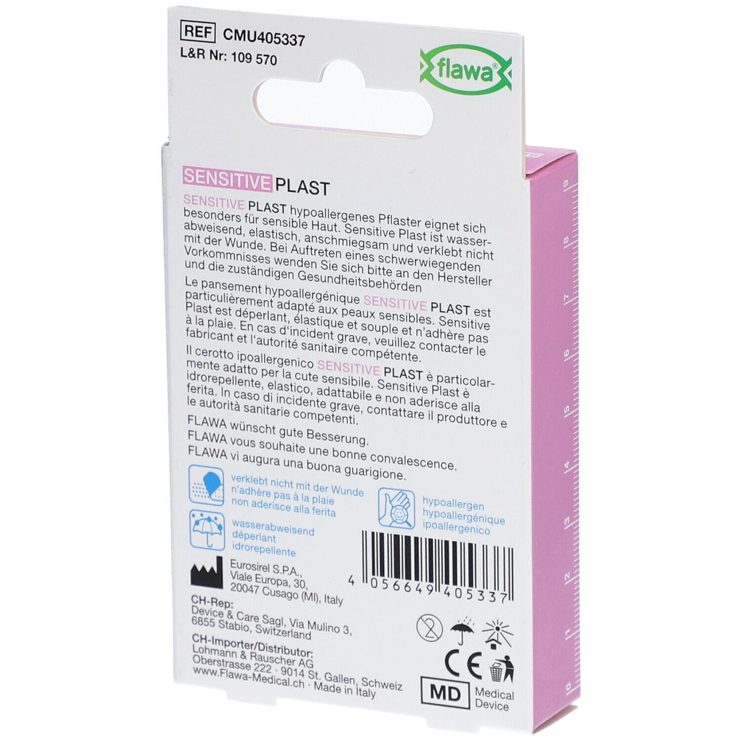 Dos de la boîte rose. Texte : flawa SENSITIVE PLAST. Informations en allemand, français et italien. Marquage CE.