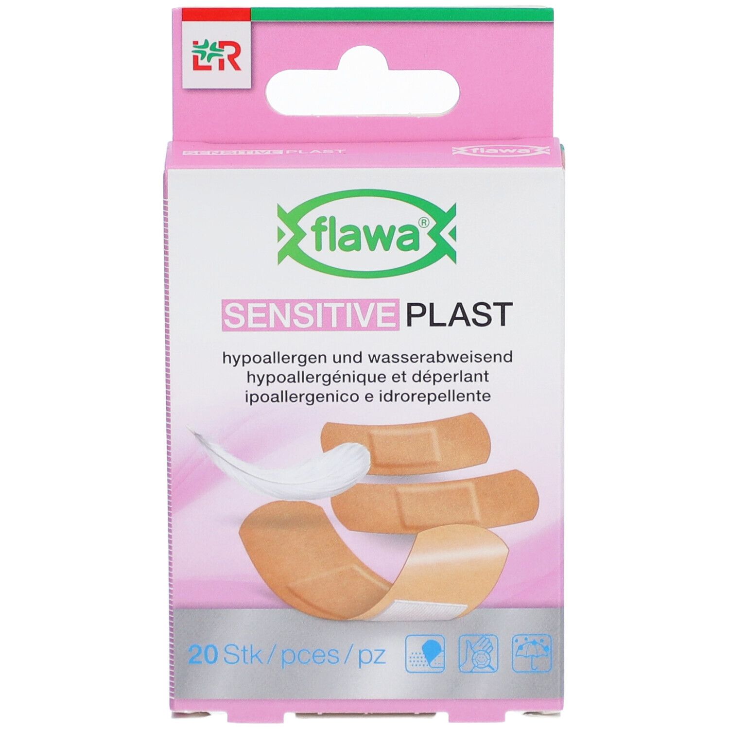 Boîte rose de pansements adhésifs. Inscription : flawa SENSITIVE PLAST. 20 pièces. Illustration de pansements.