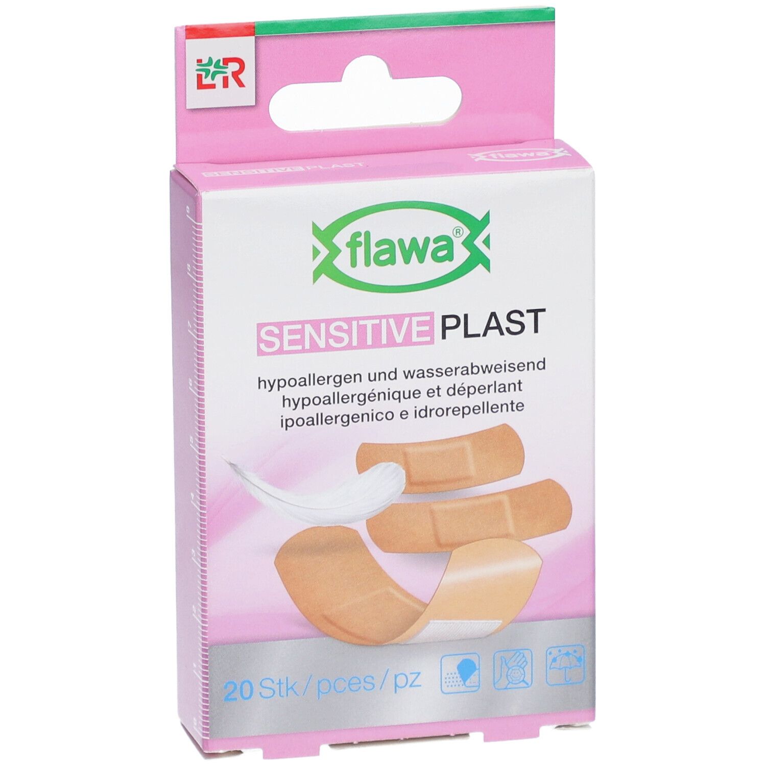 Boîte rose de pansements adhésifs. Inscription : flawa SENSITIVE PLAST. 20 pièces. Illustration de pansements.