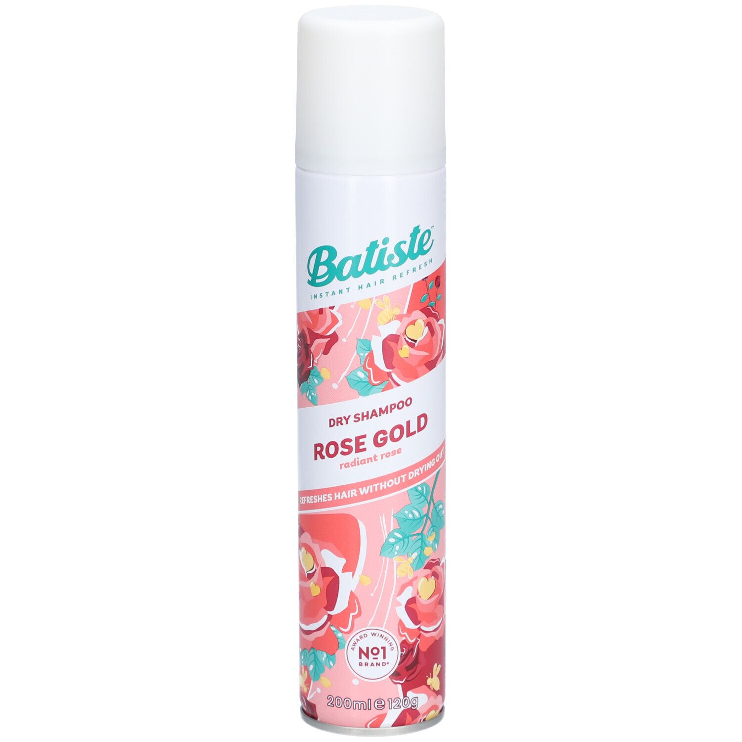 Batiste Trockenshampoo Rose Gold. Weiße Dose mit floralem Muster. Produktname und Marke deutlich sichtbar.
