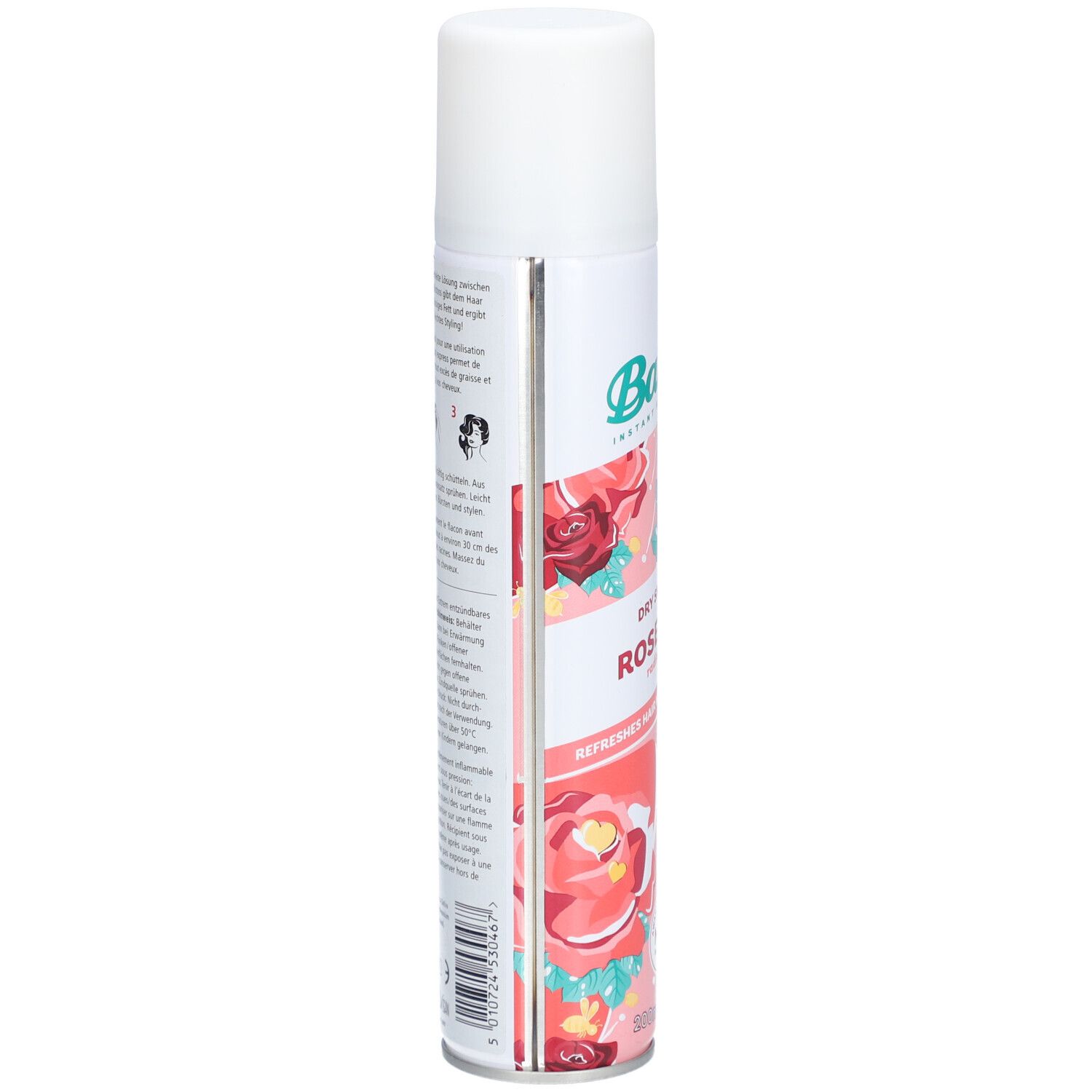 Batiste Trockenshampoo Rose Gold. Weiße Dose, Seitenansicht mit Text und floralem Muster. Produktinformationen.
