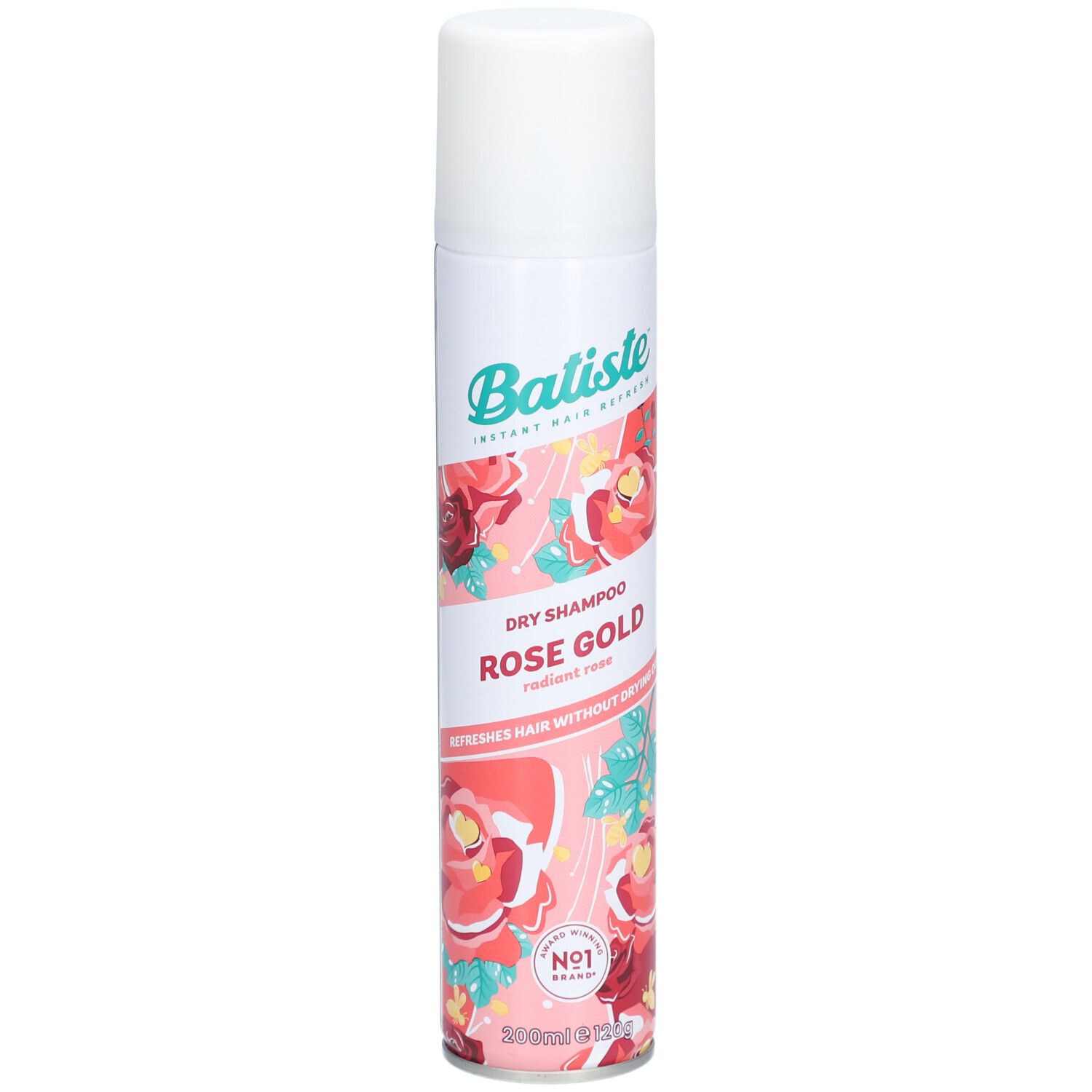 Batiste Trockenshampoo Rose Gold. Weiße Dose mit floralem Muster. Produktname und Marke deutlich sichtbar.