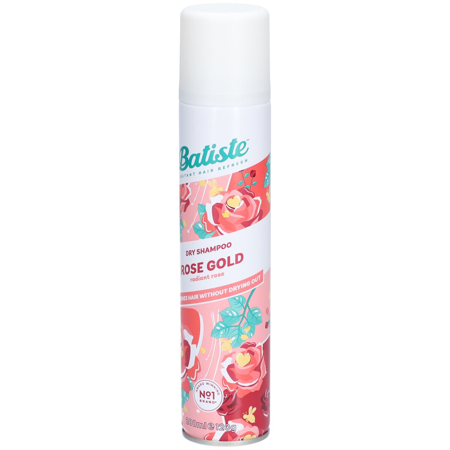 Batiste Trockenshampoo Rose Gold. Weiße Dose mit floralem Muster. Produktname und Marke deutlich sichtbar.
