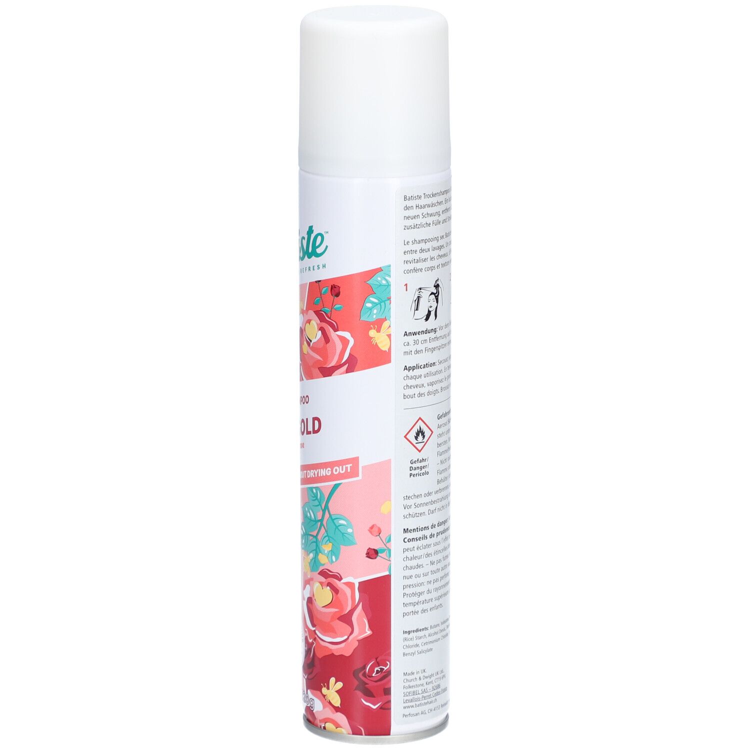 Batiste Trockenshampoo Rose Gold. Weiße Dose, Seitenansicht mit Text und floralem Muster. Produktinformationen.