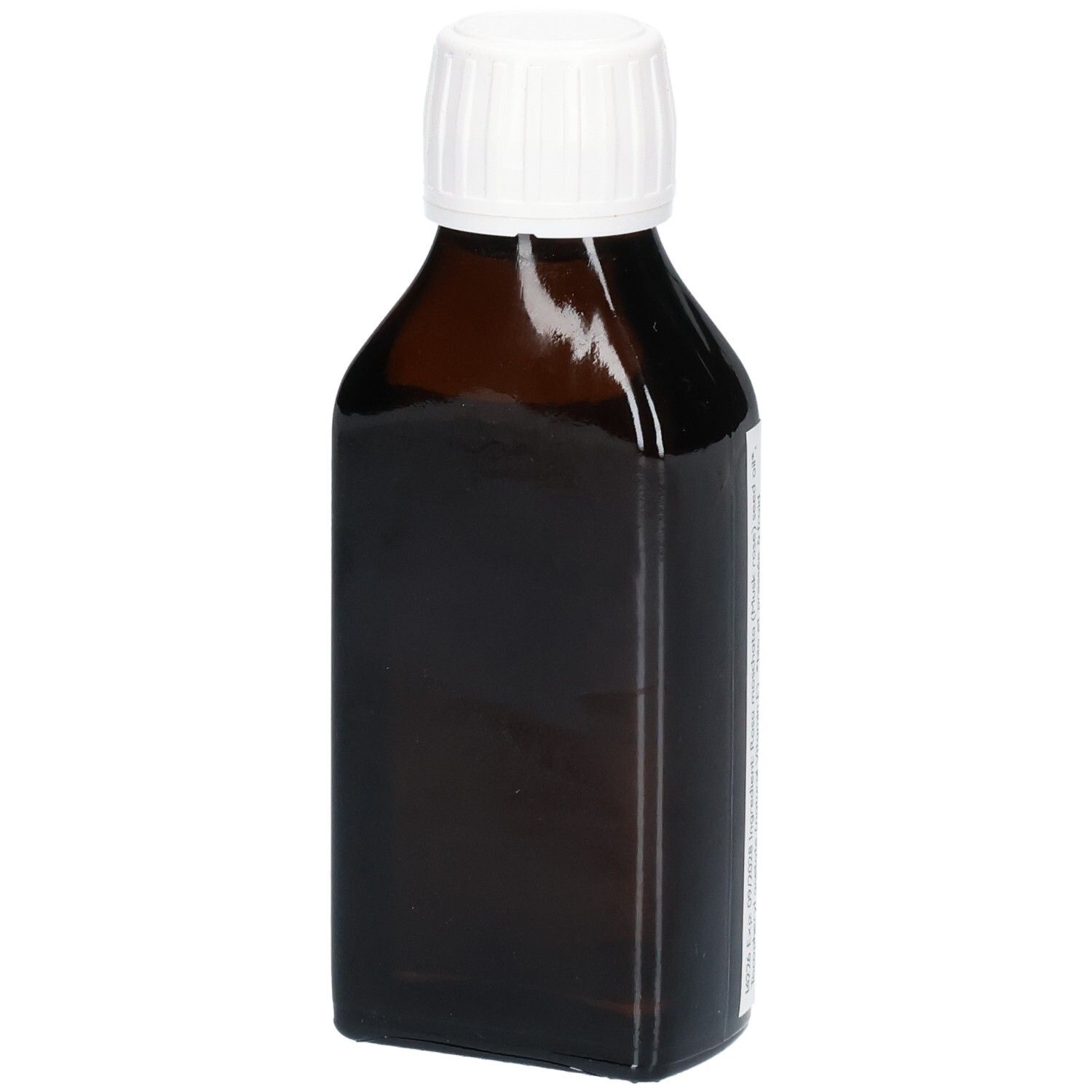 Braune Glasflasche mit weißem Schraubverschluss, gefüllt mit dunkler Flüssigkeit.