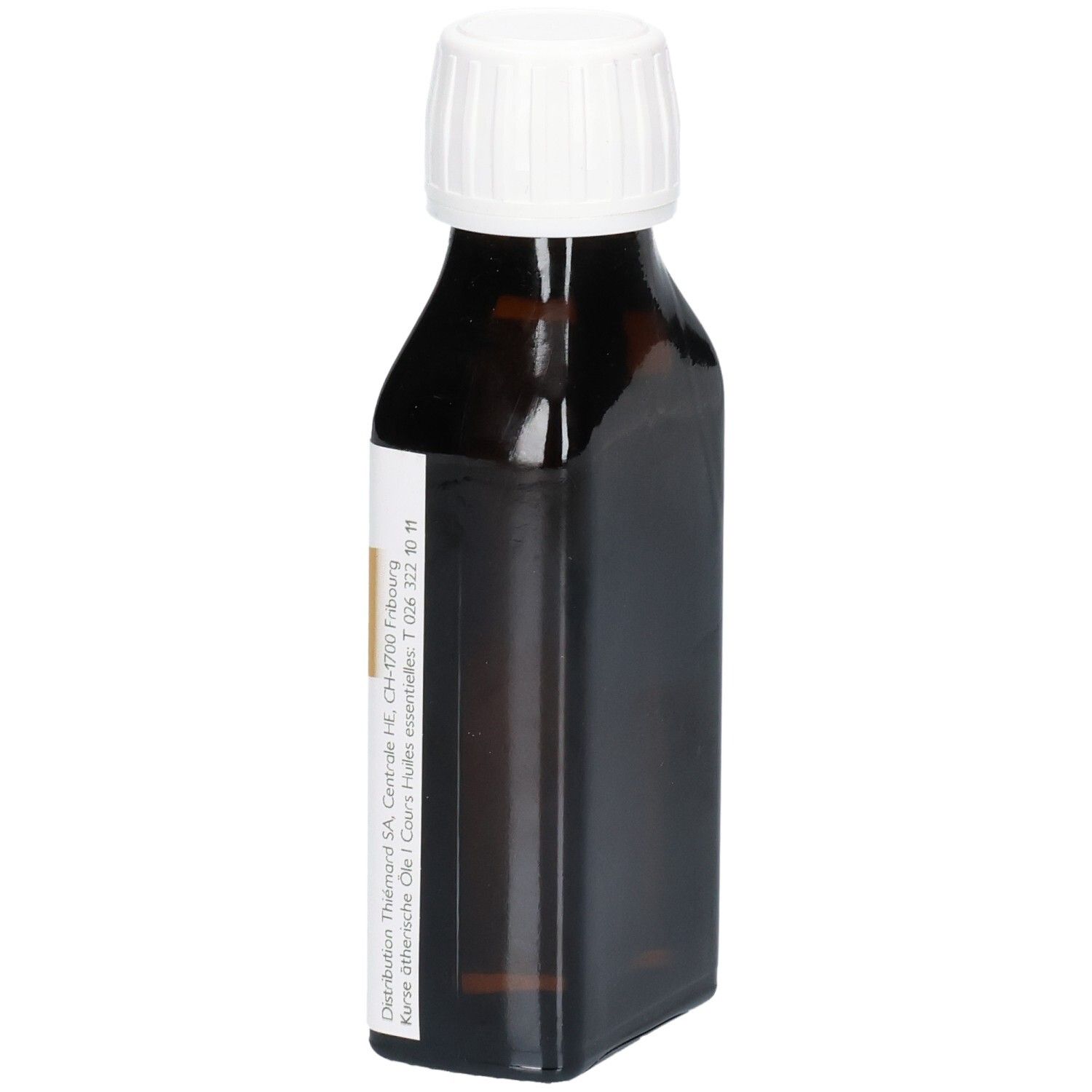 Braune Glasflasche mit weißem Schraubverschluss. Etikett mit Text.