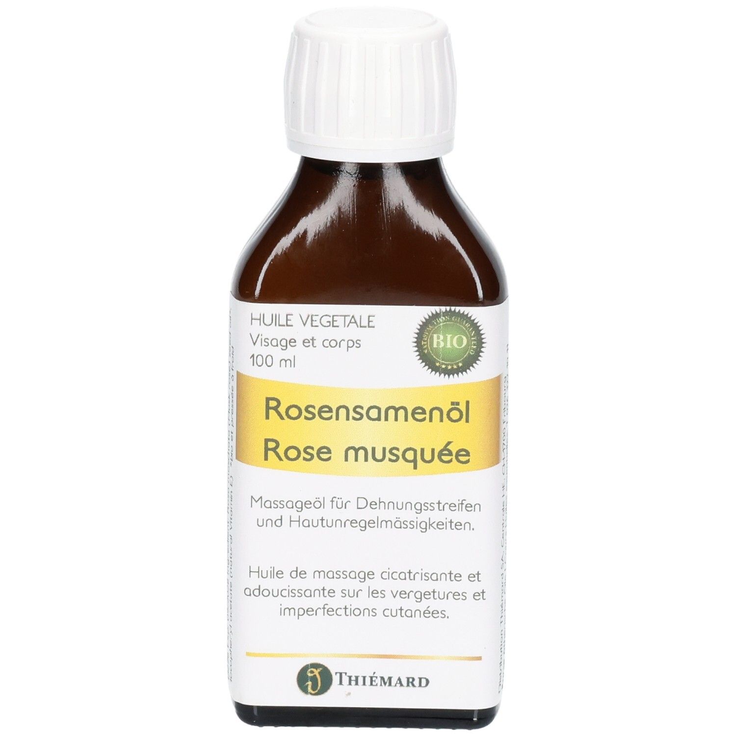 Braune Glasflasche mit weißem Schraubverschluss, 100ml Rosenöl für Gesicht und Körper, Bio-Siegel und Thiemann-Logo.