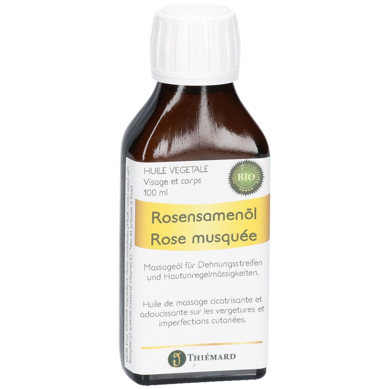 Braune Glasflasche mit weißem Schraubverschluss, 100 ml Bio-Rosenöl für Gesicht und Körper.