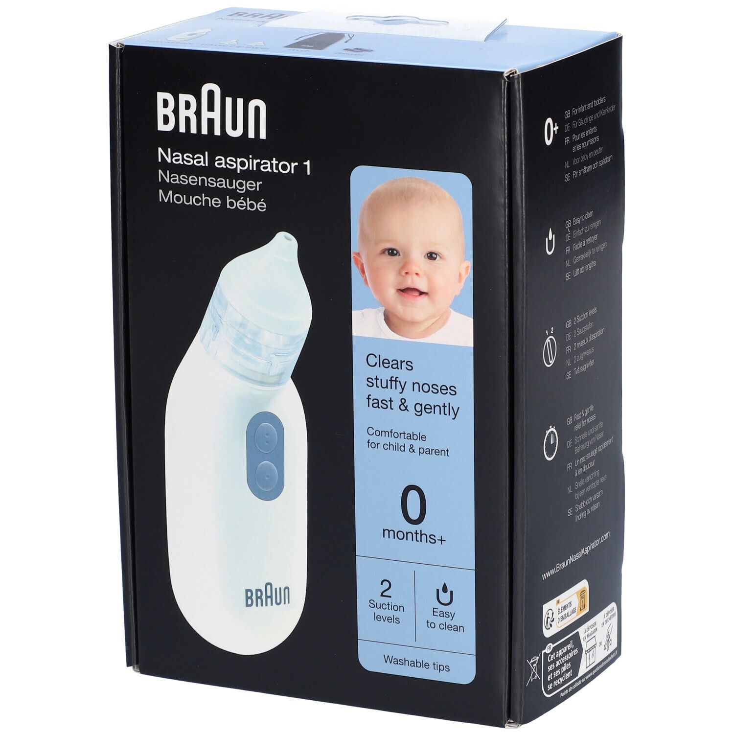 Emballage du Braun Nasensauger. L'emballage présente l'aspirateur nasal, un bébé et des informations sur le produit.