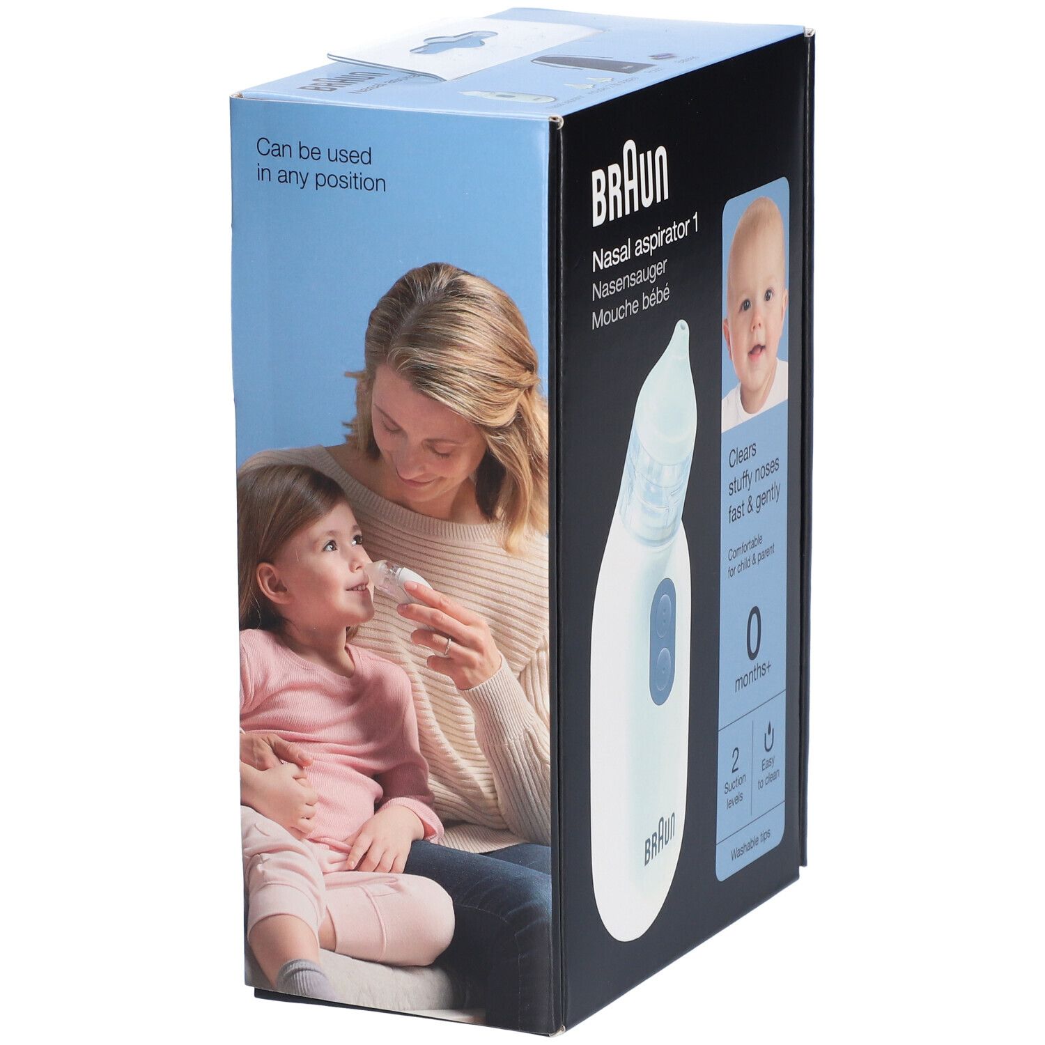 Emballage du Braun Nasensauger. Une mère utilise l'aspirateur nasal sur un enfant. L'aspirateur nasal est illustré sur l'emballage.