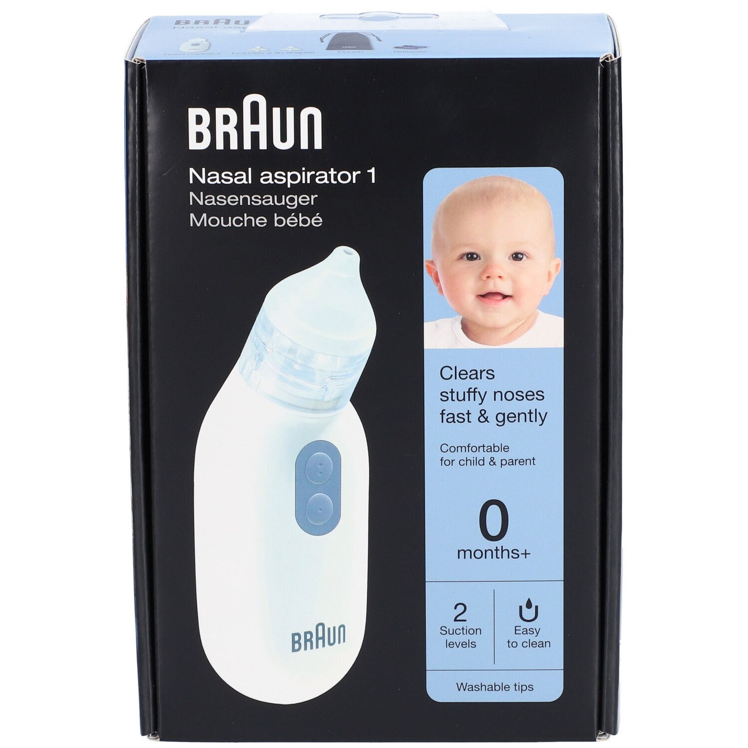 Emballage du Braun Nasensauger. L'emballage présente l'aspirateur nasal, un bébé et des informations sur le produit.