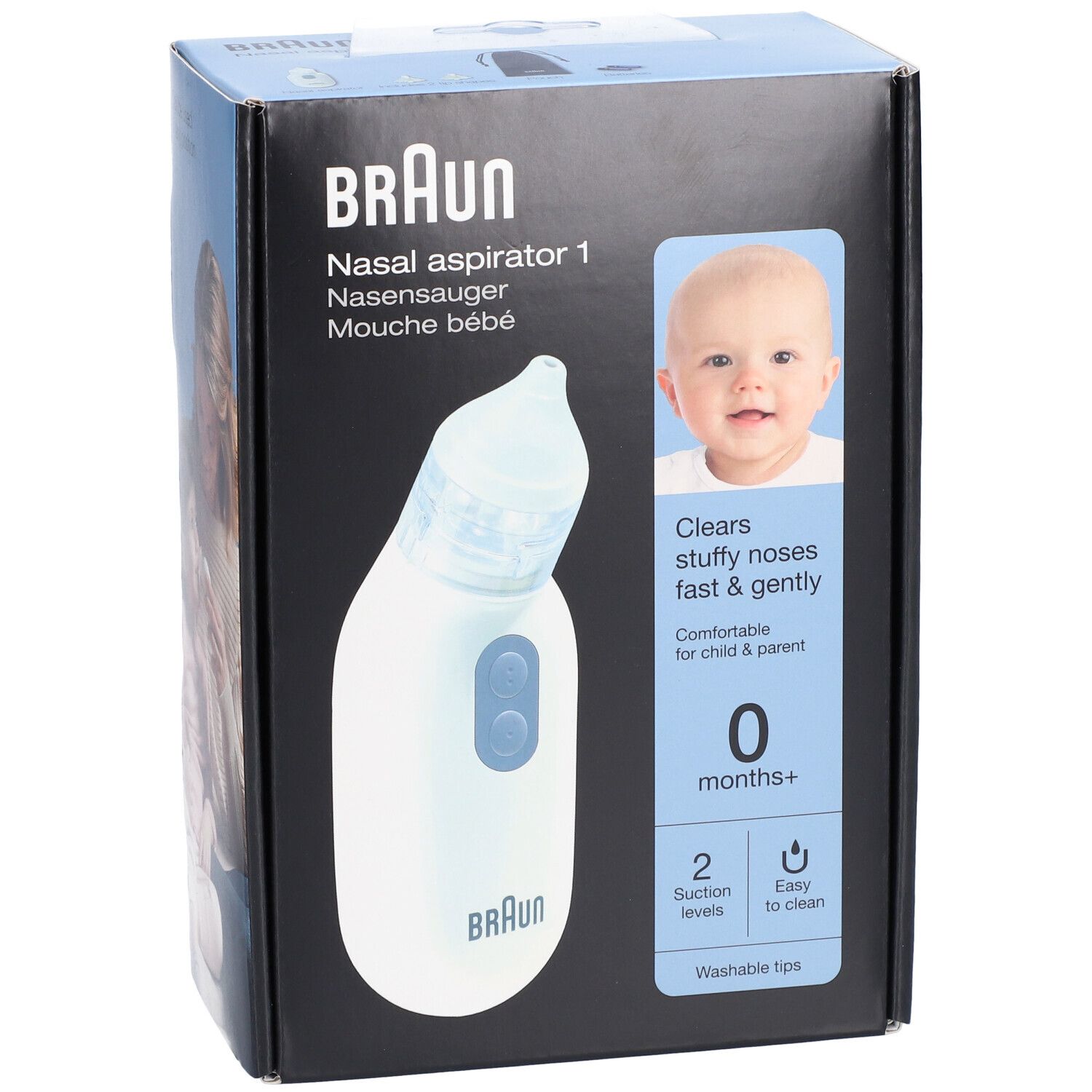 Emballage du Braun Nasensauger. L'emballage présente l'aspirateur nasal, un bébé et des informations sur le produit.