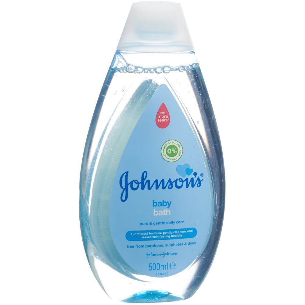 Baby-Bad in Tropfenform. Blau-weiße Etikettierung mit Produktnamen und Logo. 0% Siegel. 500ml.