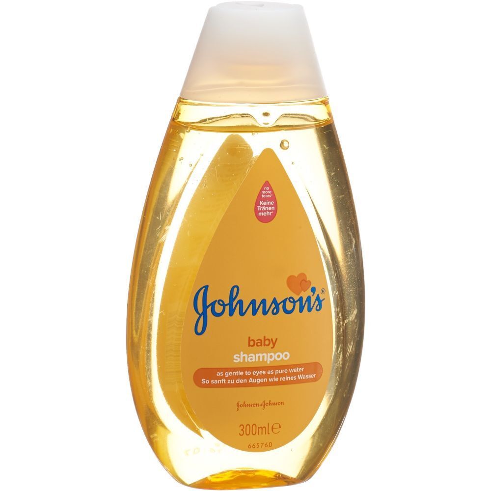 Baby Shampoo Flasche. Gelbe Flüssigkeit, weißer Verschluss. Aufschrift: Johnson's baby shampoo. 300ml.