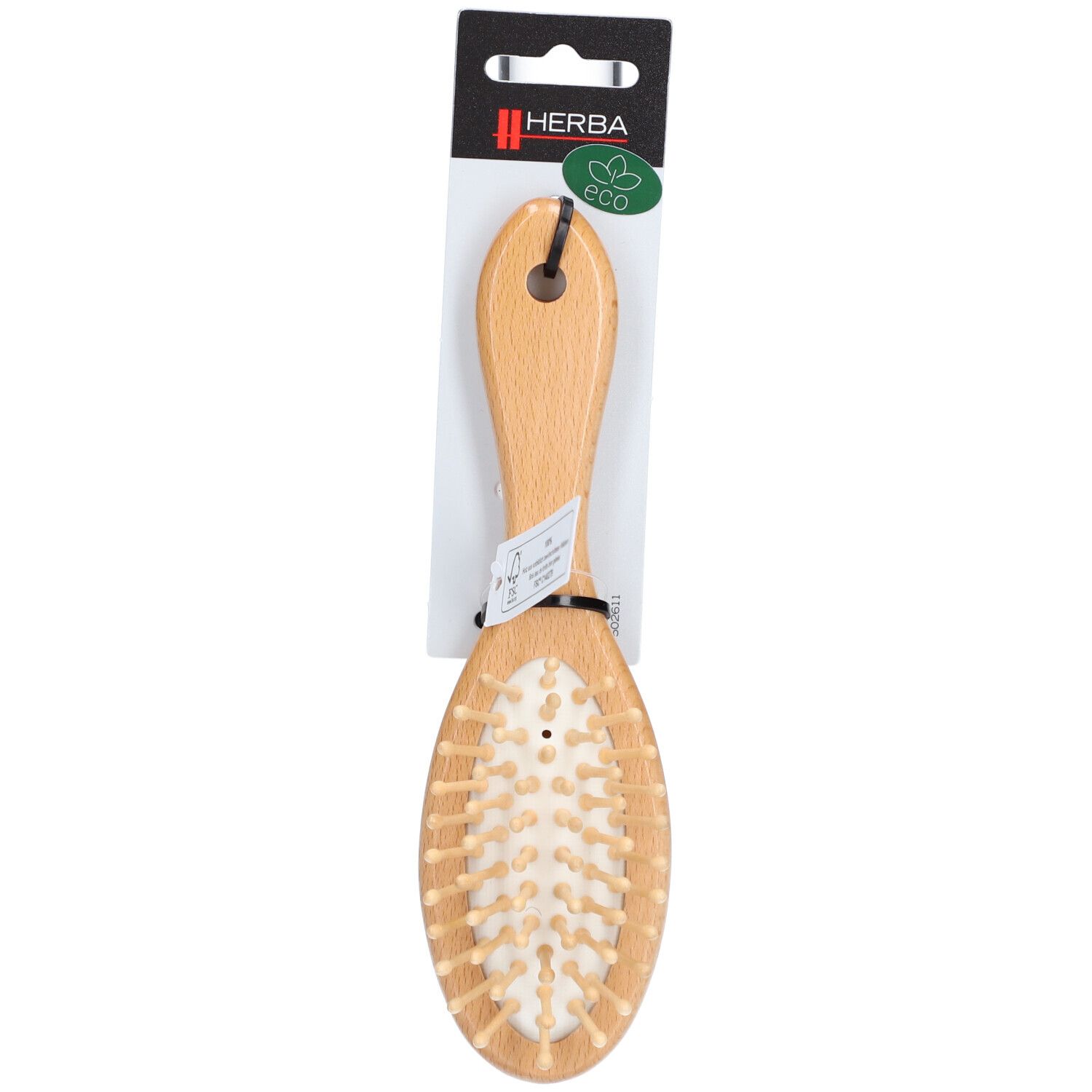 Kleine ovale Holzbürste mit Holzstiften. Griff aus hellem Holz, Aufhängeöse. Verpackung mit Logo und Öko-Siegel.