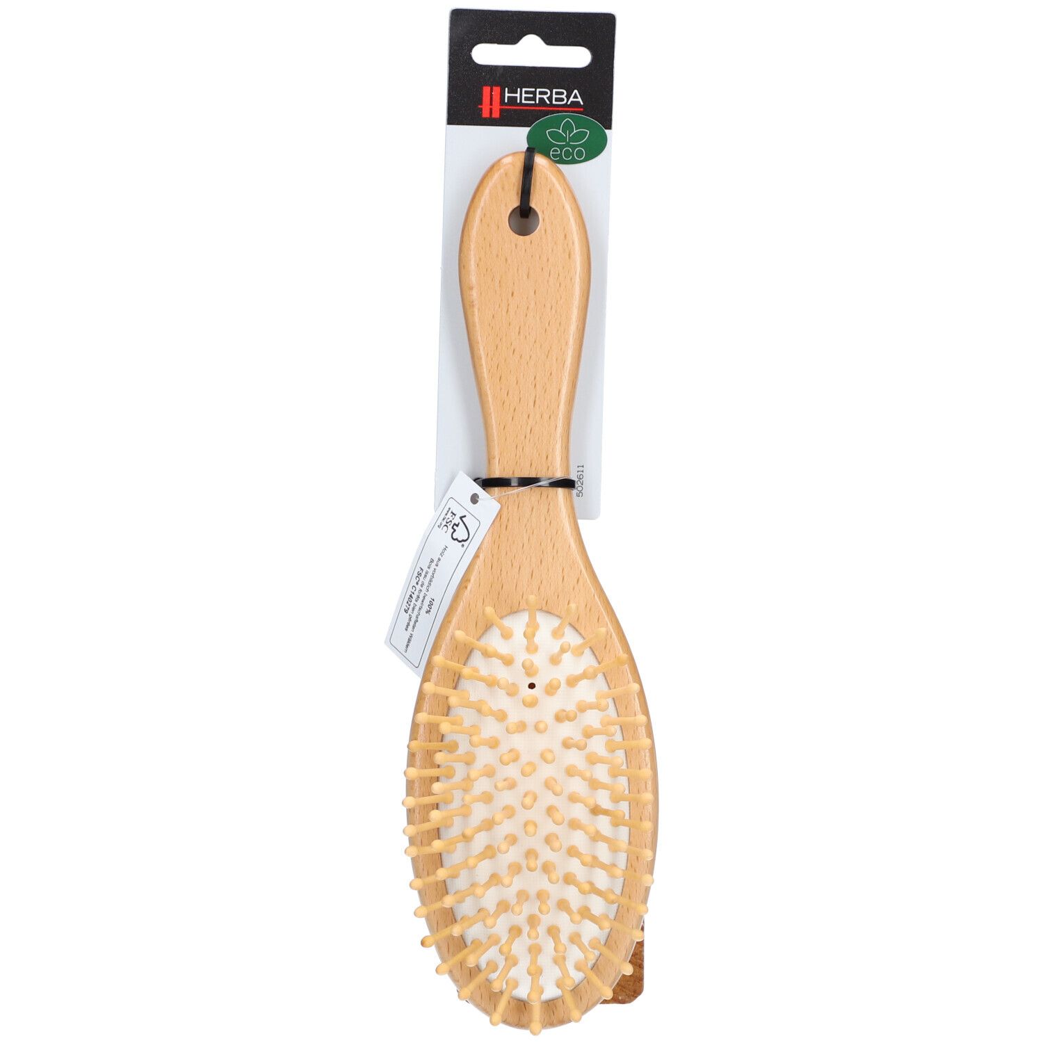 Brosse à cheveux ovale en bois avec manche. Marque HERBA. Certification FSC. Emballage avec informations.