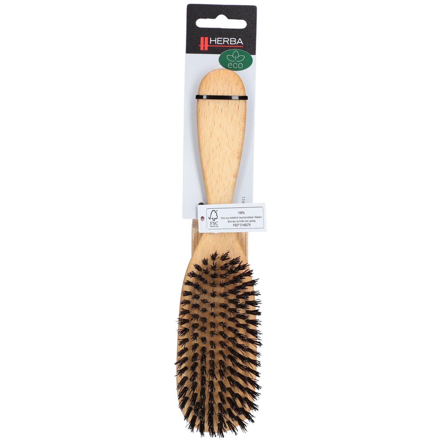 Brosse ovale en bois avec label FSC. Soies foncées, manche clair. Emballage avec logo de marque et label Eco.