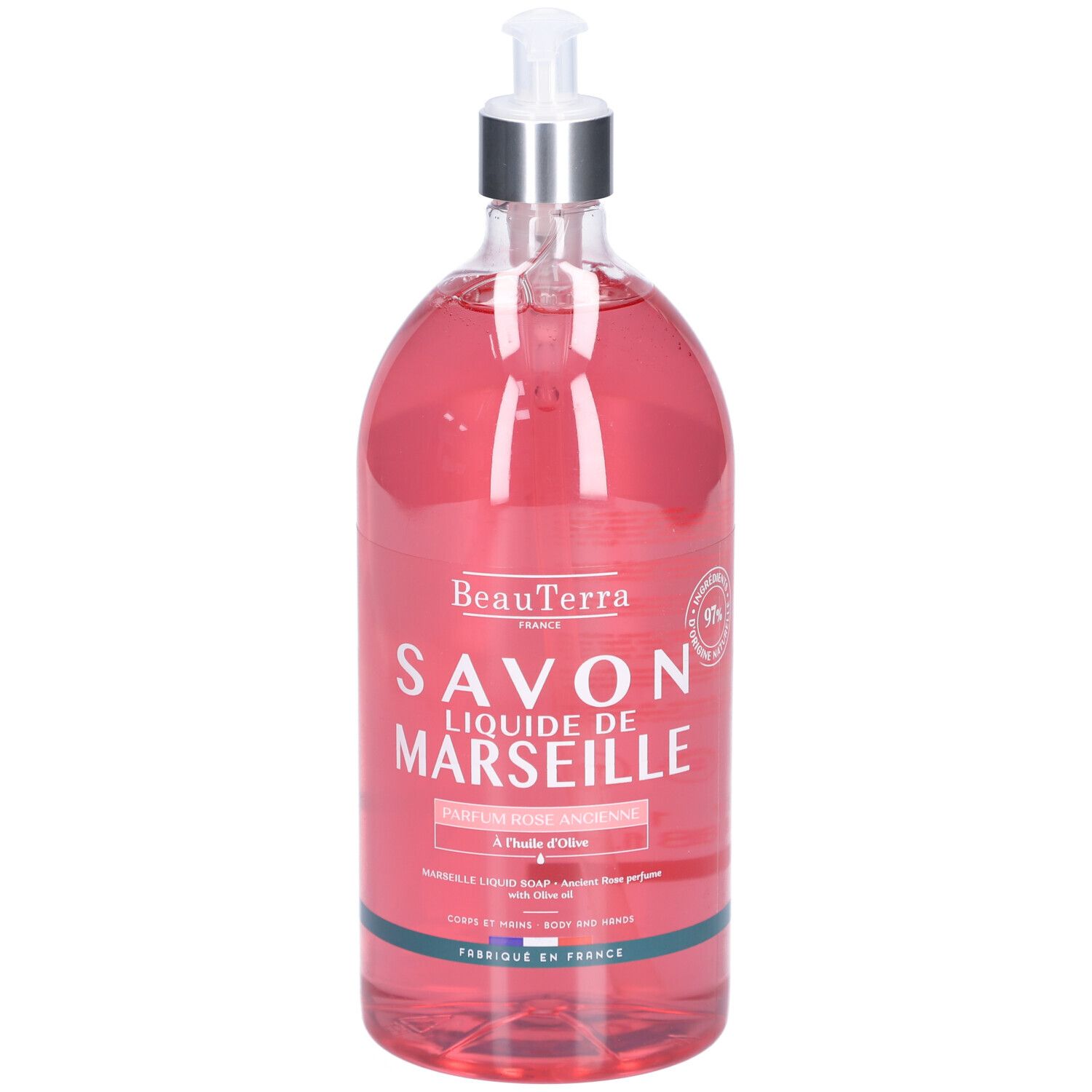 Transparente Flasche mit rosafarbenem Inhalt. Aufschrift: Savon Liquide de Marseille. Mit Spender.