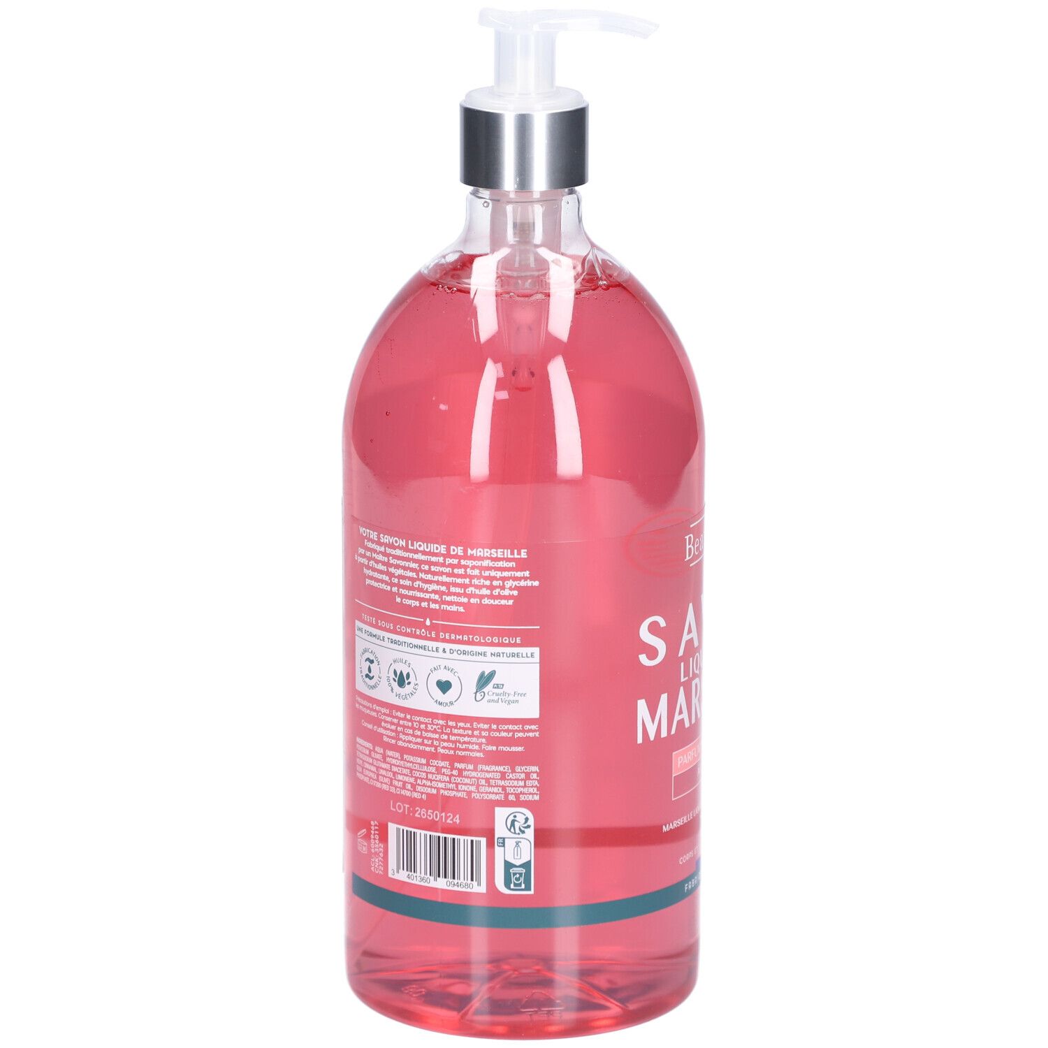 Rückseite der transparenten Flasche mit rosafarbenem Inhalt. Text und Logos. Mit Spender.